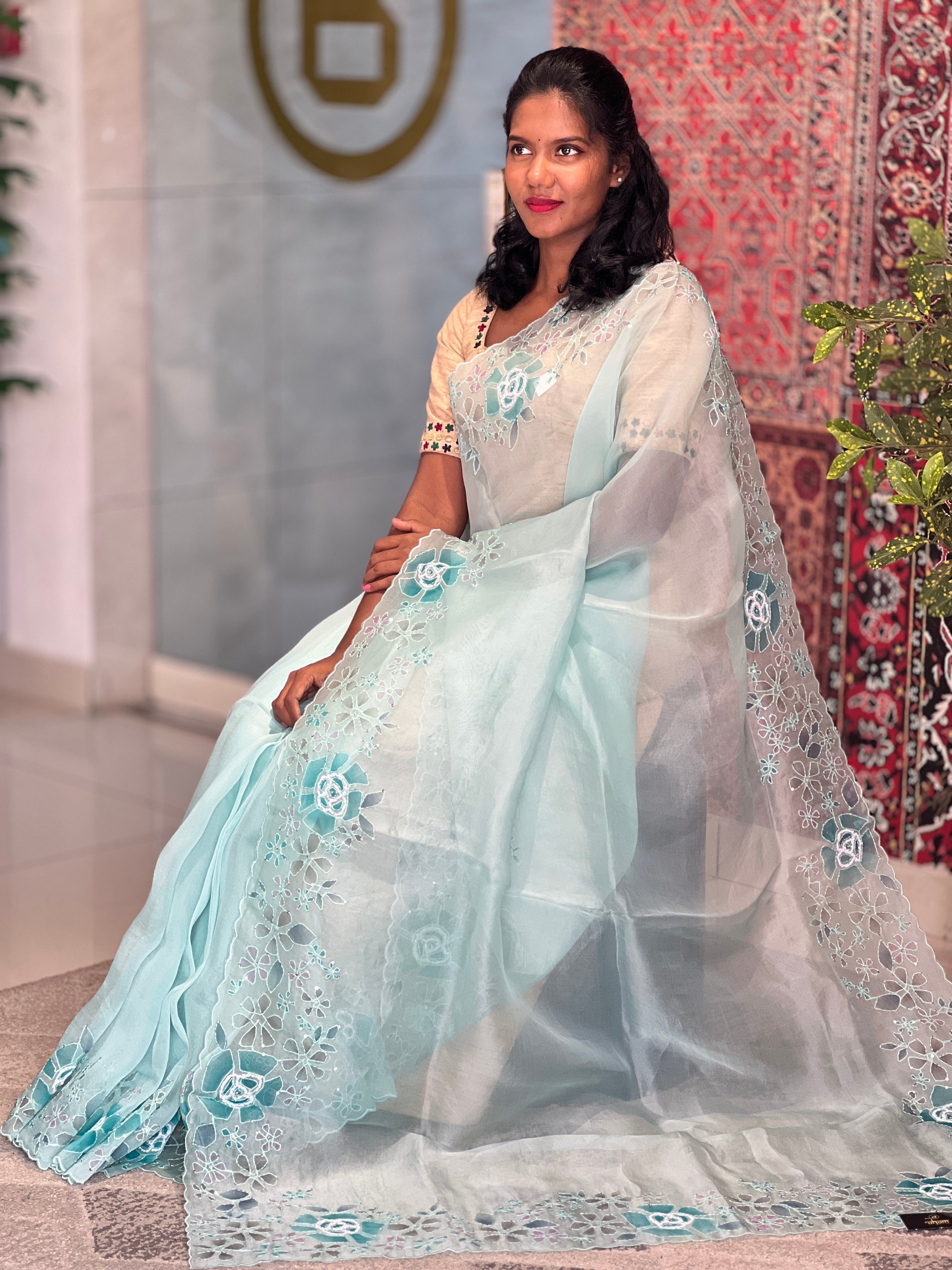 Paint With Kantha & Sequence Highlighted Organza Saree | SBS1268