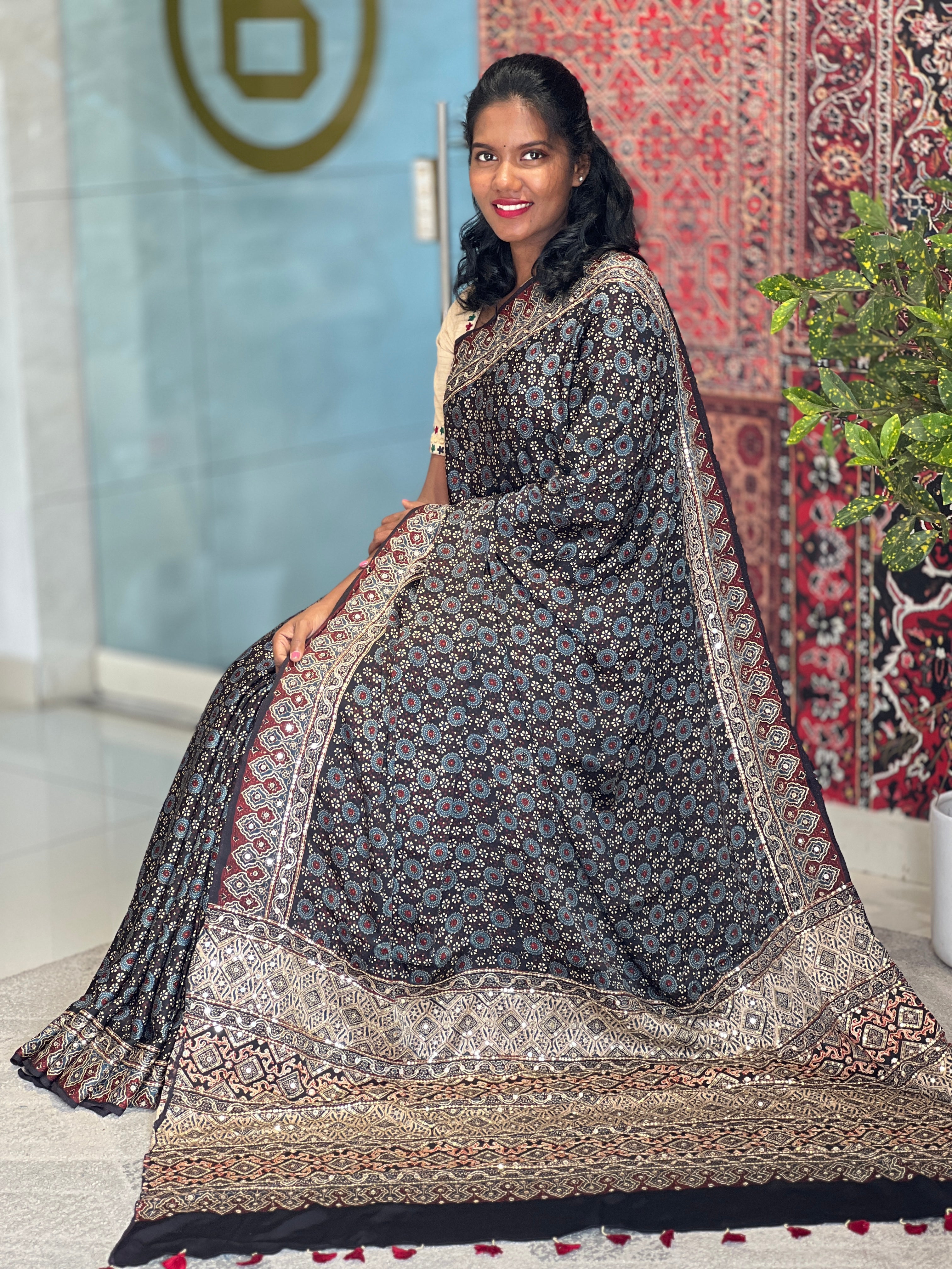 Ajrak Patterned Pure Modal Silk Saree |  KSD241