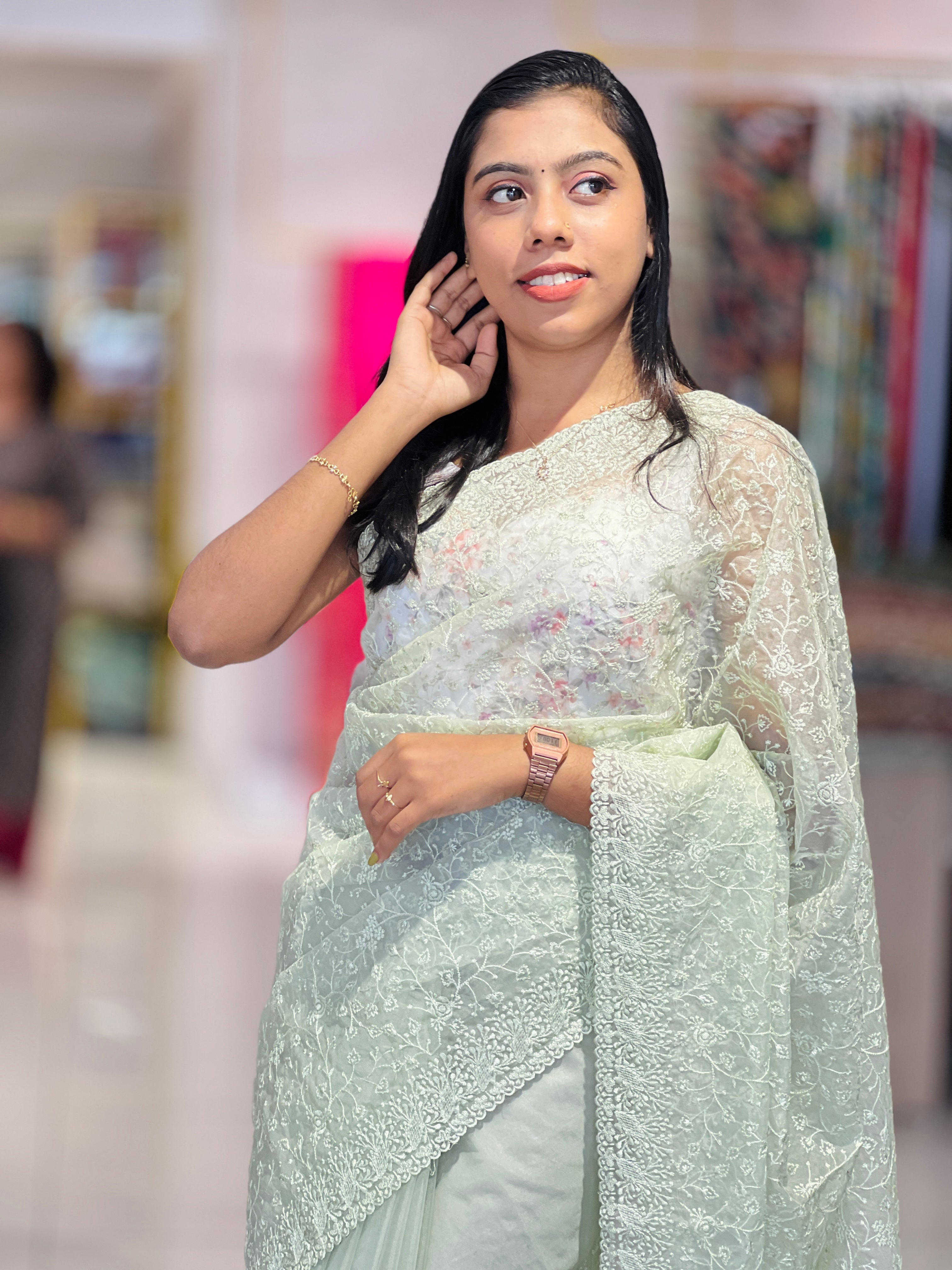 Floral Jaal Emboridery Design Organza Saree | SBP713
