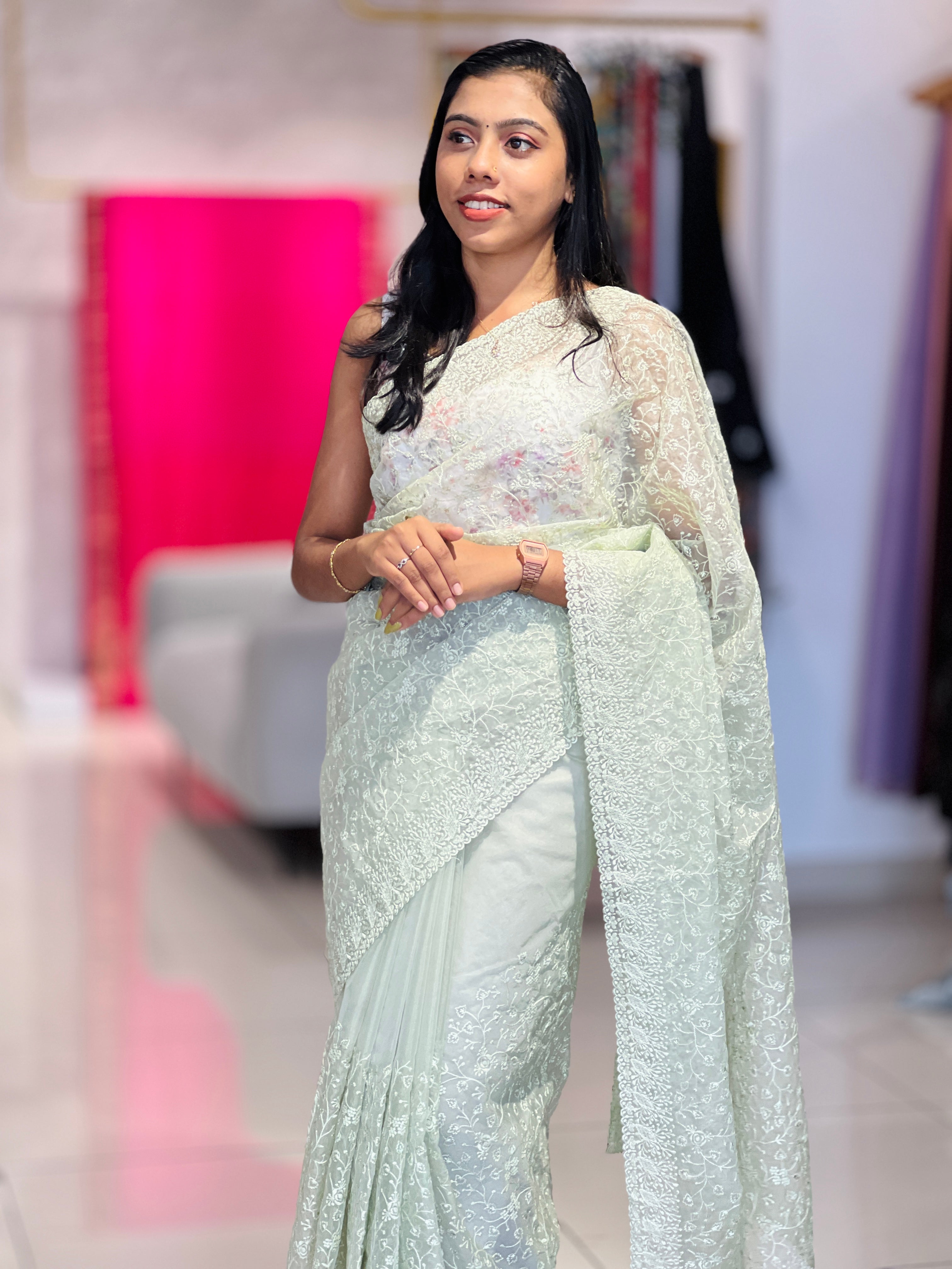 Floral Jaal Emboridery Design Organza Saree | SBP713