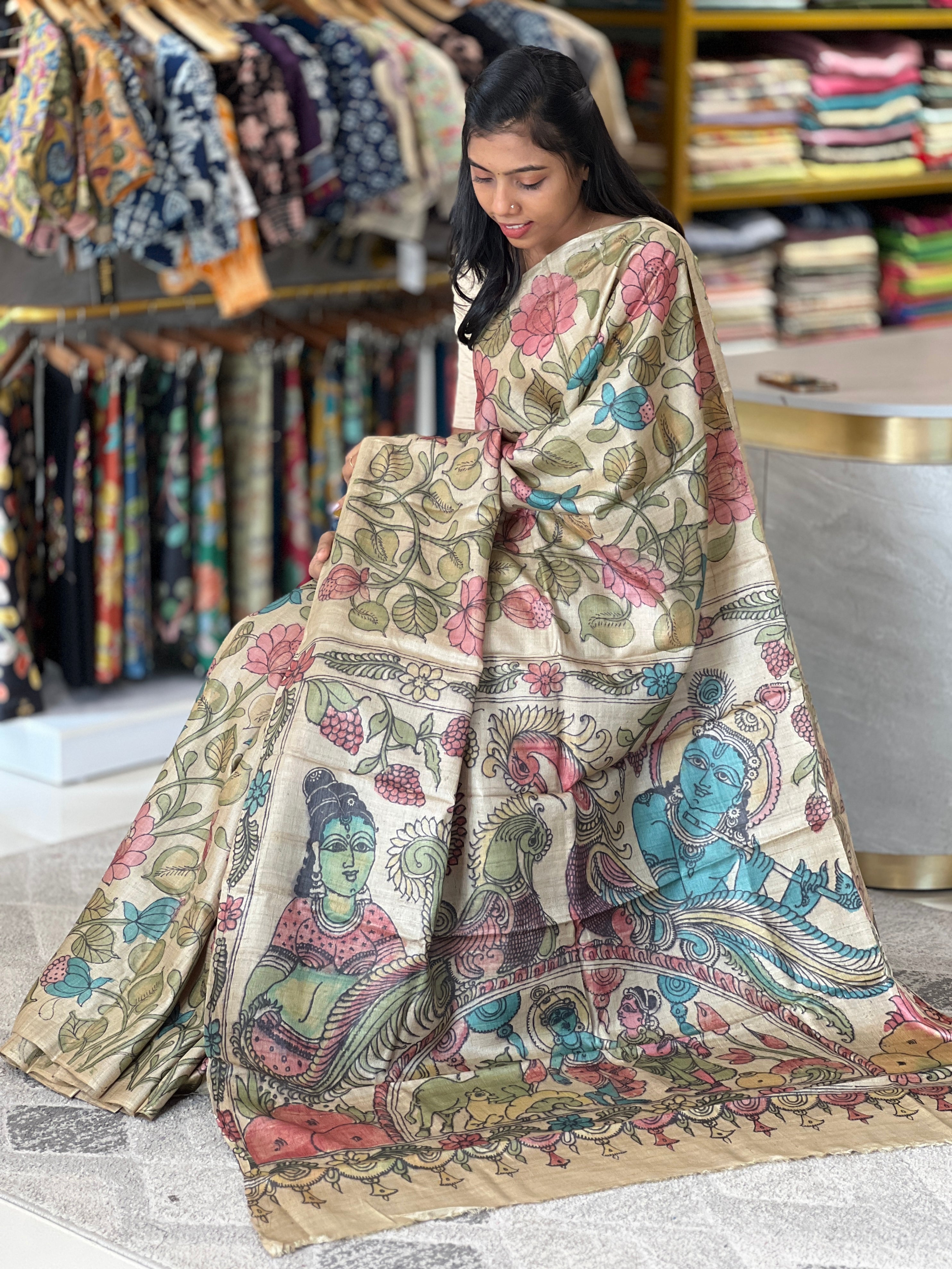 Pen Kalamkari Detailed Pure Tussar Saree | SBS1266