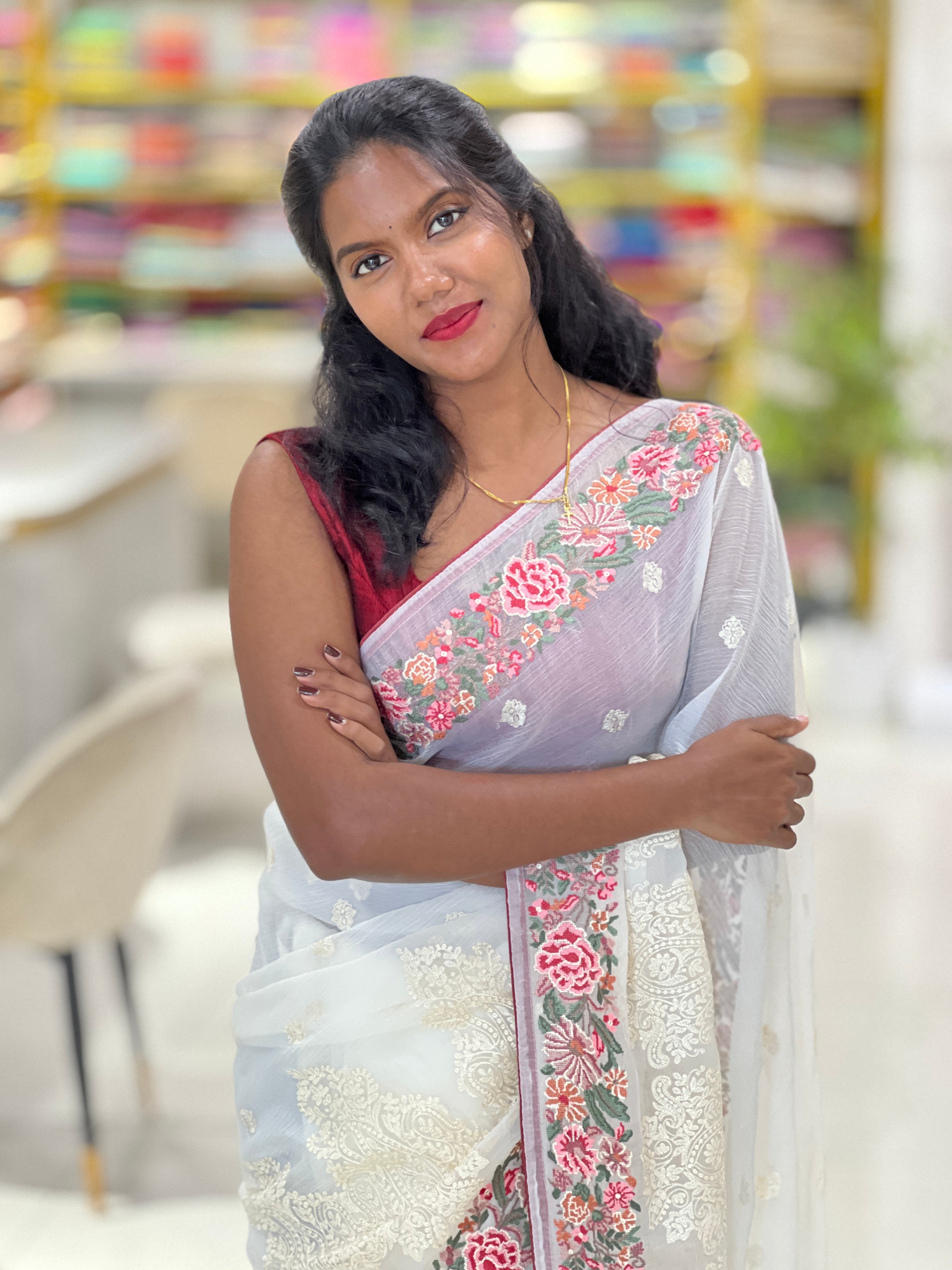 Floral Cross Stitch Embroidery Detailed Crushed Shimmer Organza Saree | SUN581