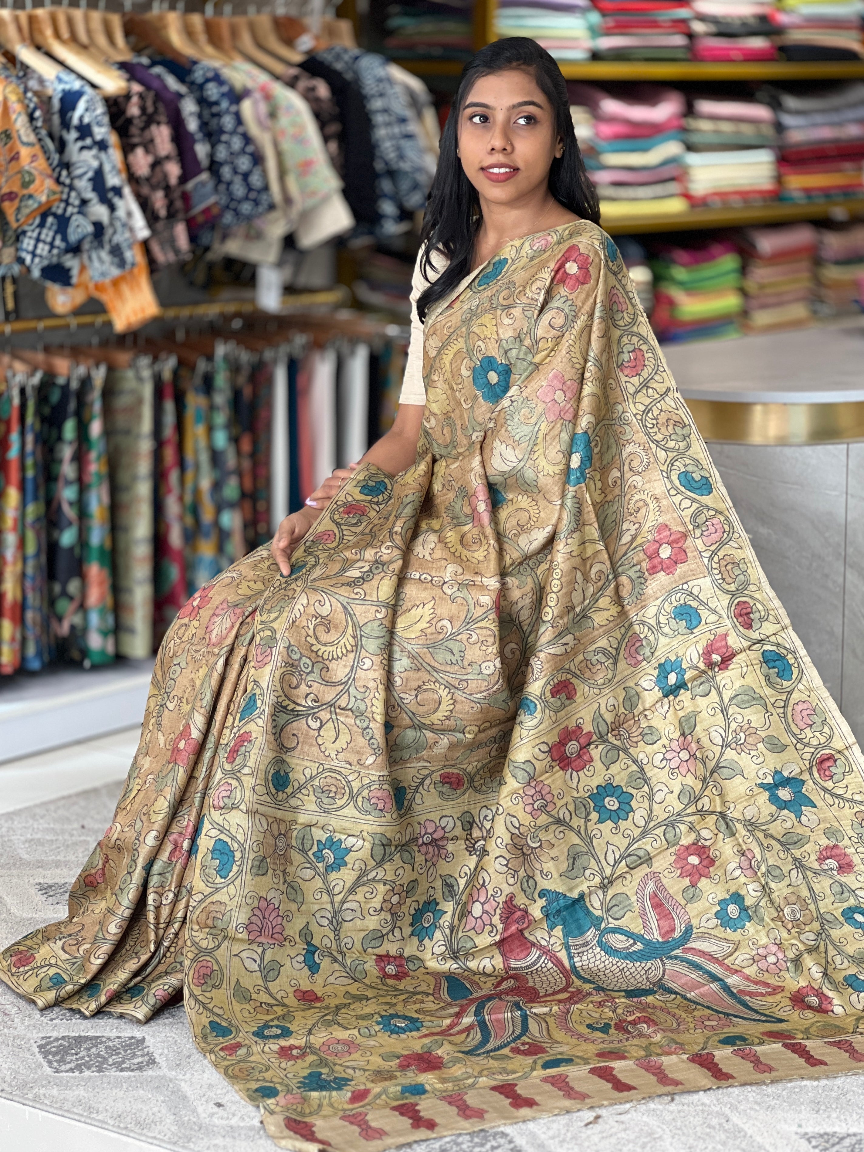 Pen Kalamkari Detailed Pure Tussar Saree | SBS1265