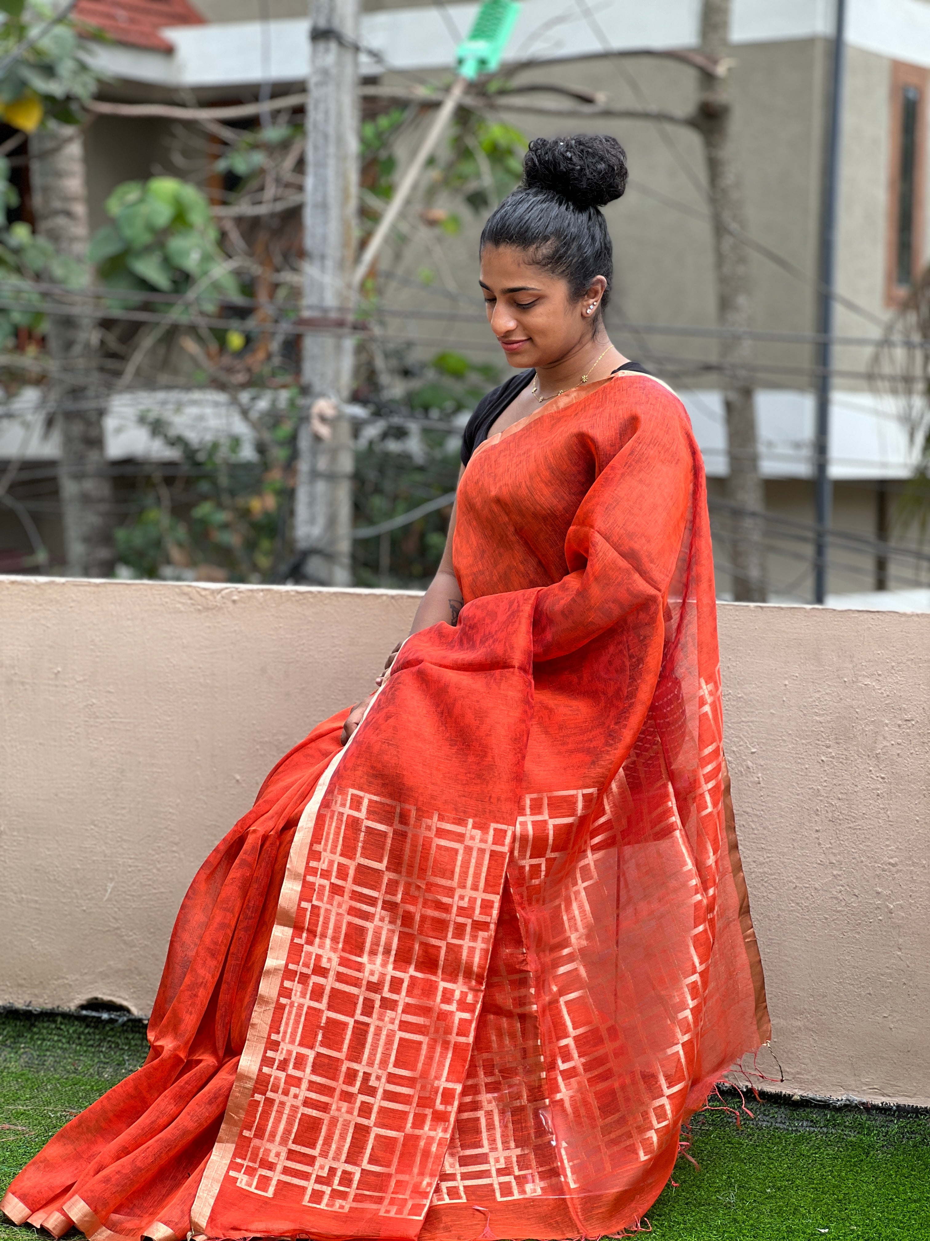 Golden Zari Border  Silk Linen Saree | AHD1331