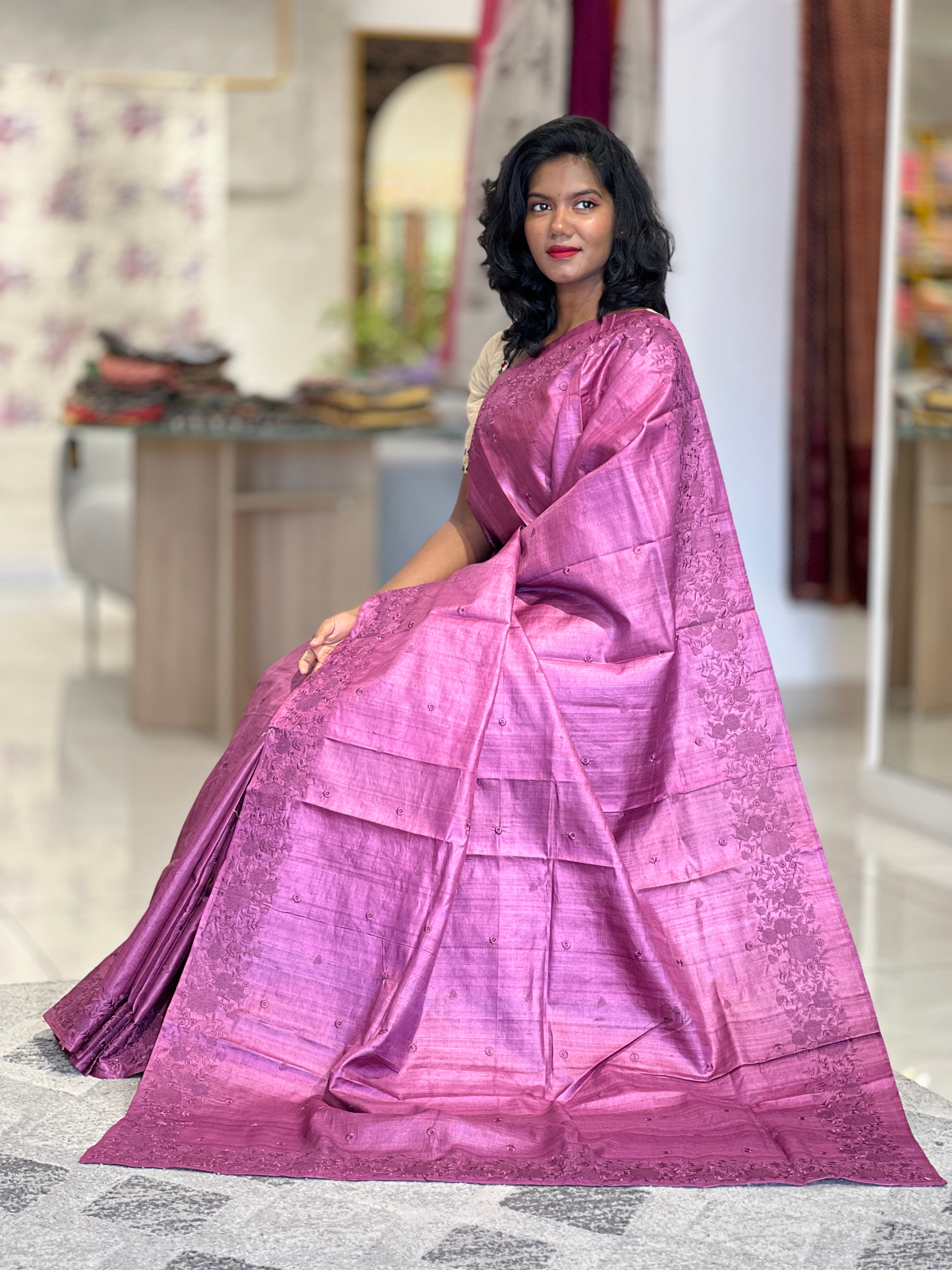 Computerized Embroidered Desi Tussar Saree | SBP672