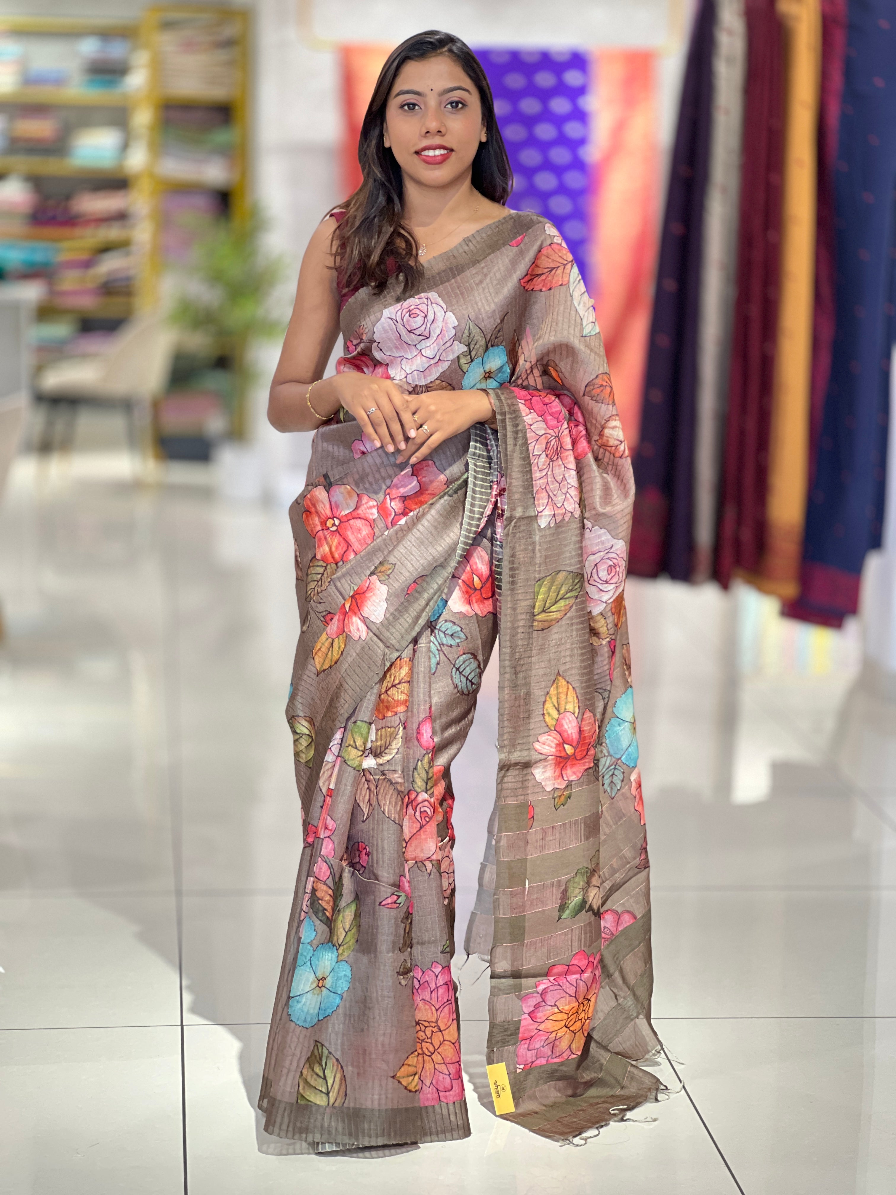 Floral Digital Print Detailed Tussar Saree | MR174
