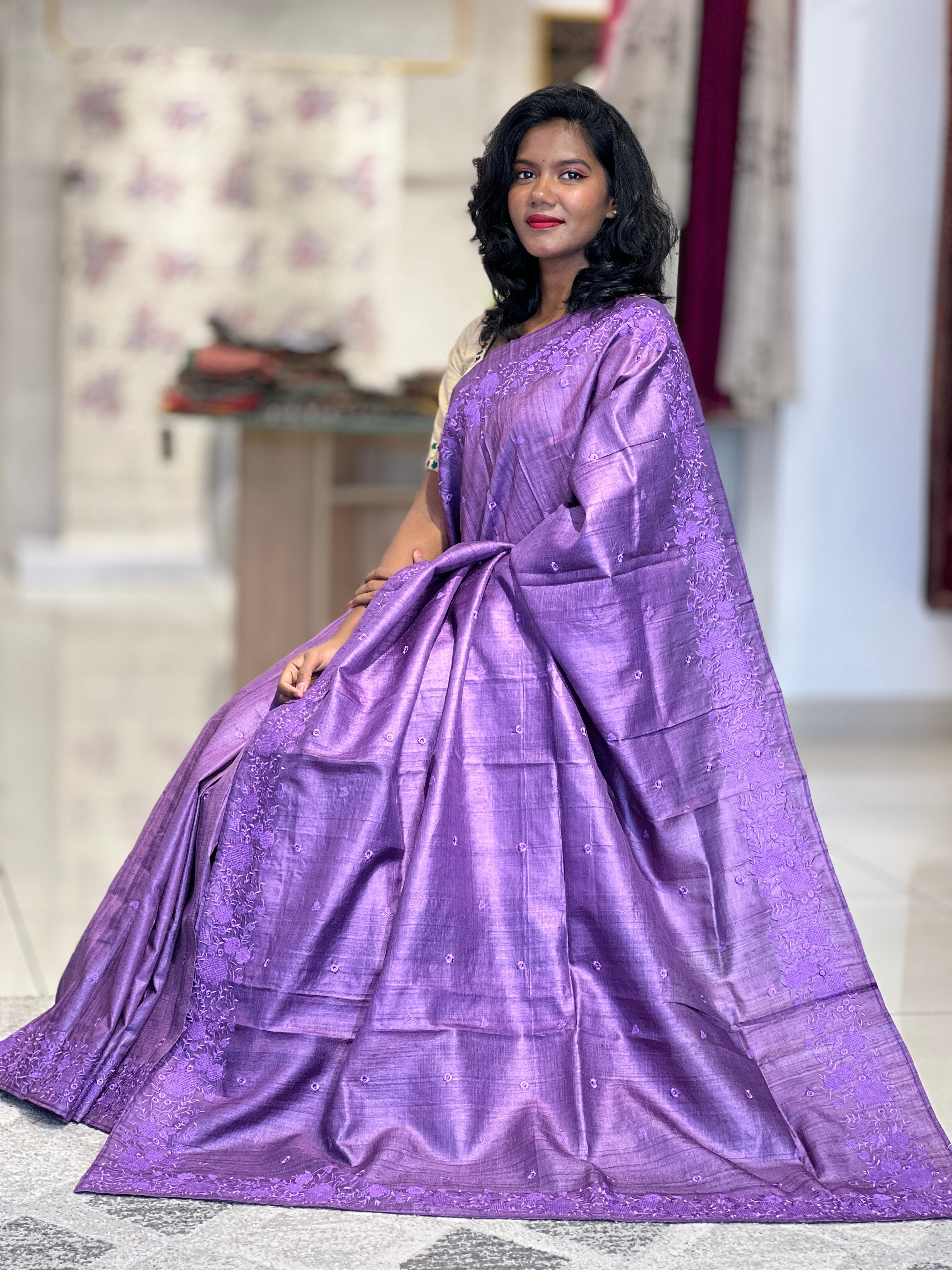 Computerized Embroidered Desi Tussar Saree | SBP674