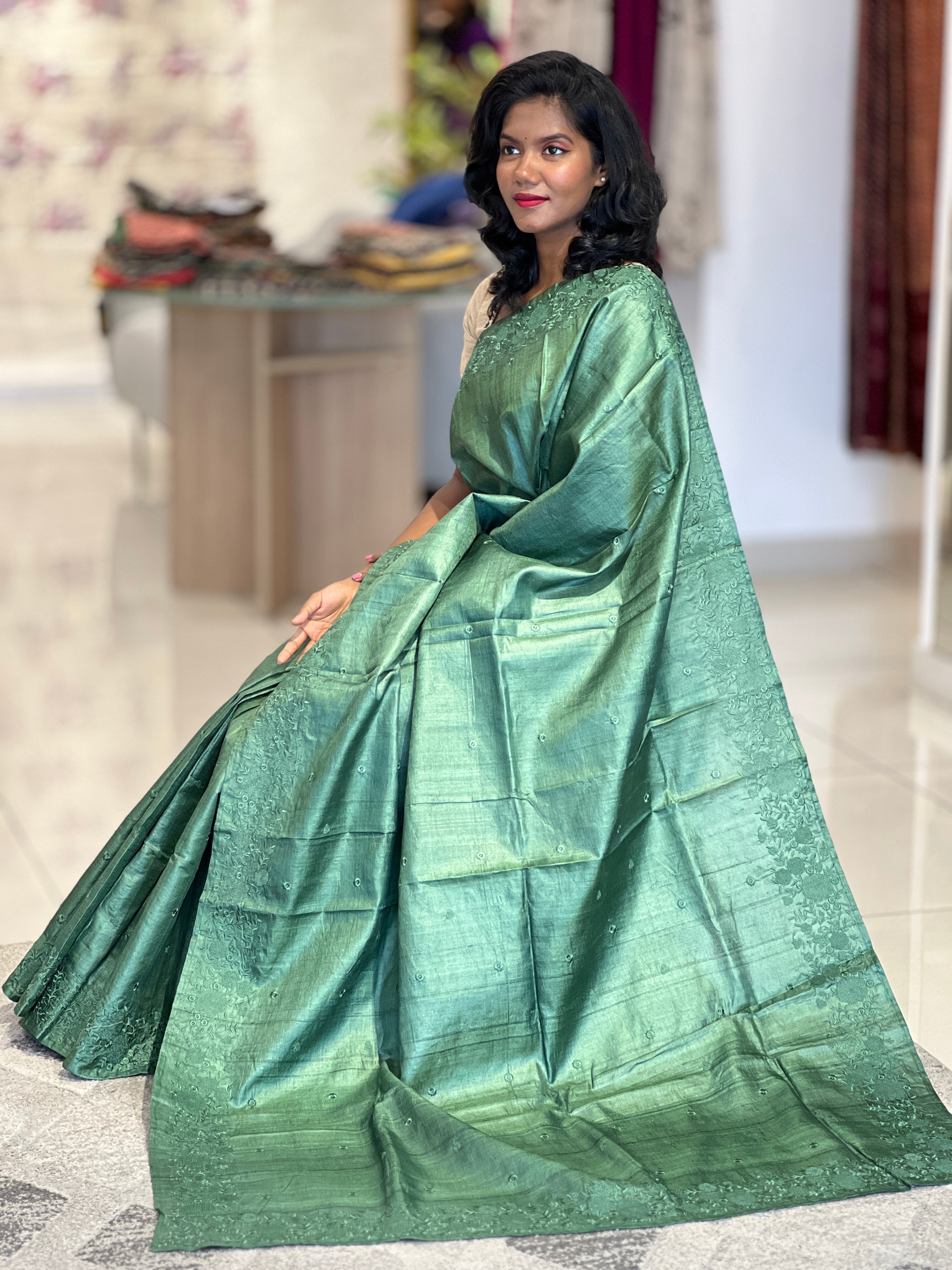 Computerized Embroidered Desi Tussar Saree  | SBP673