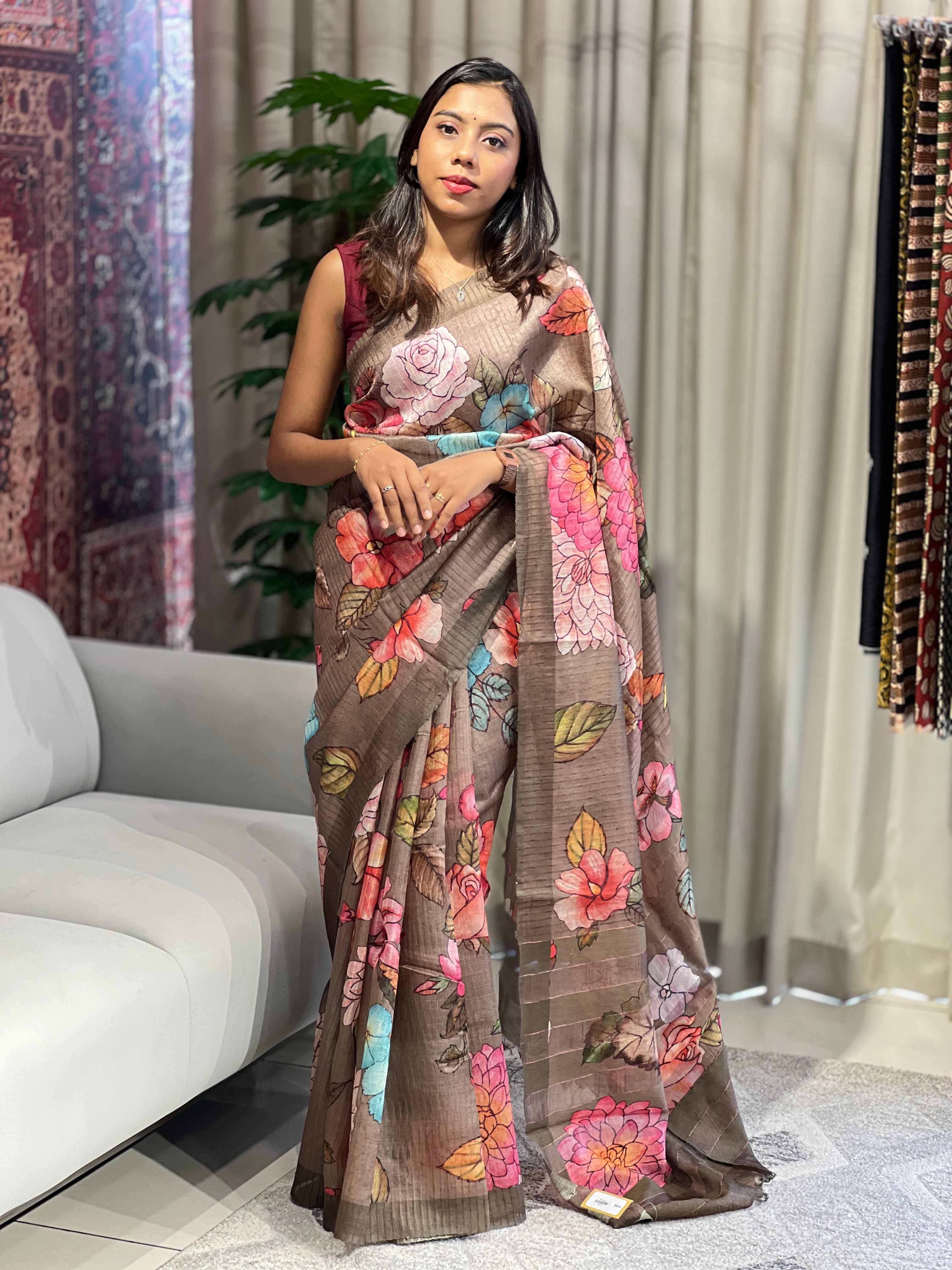 Floral Digital Print Detailed Tussar Saree | MR174