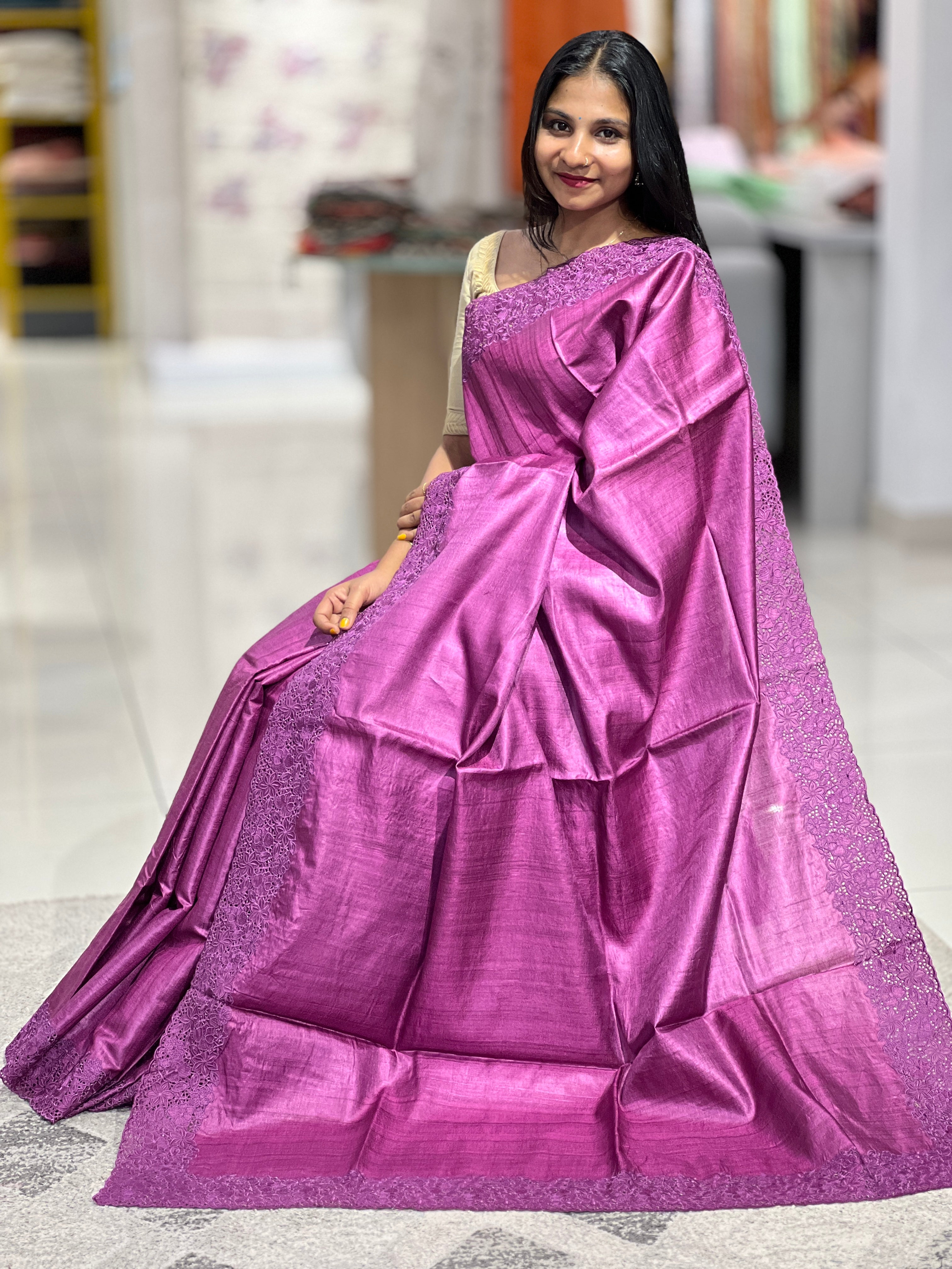 Floral Cutwork Pattern Pure Tussar Saree | CHA129