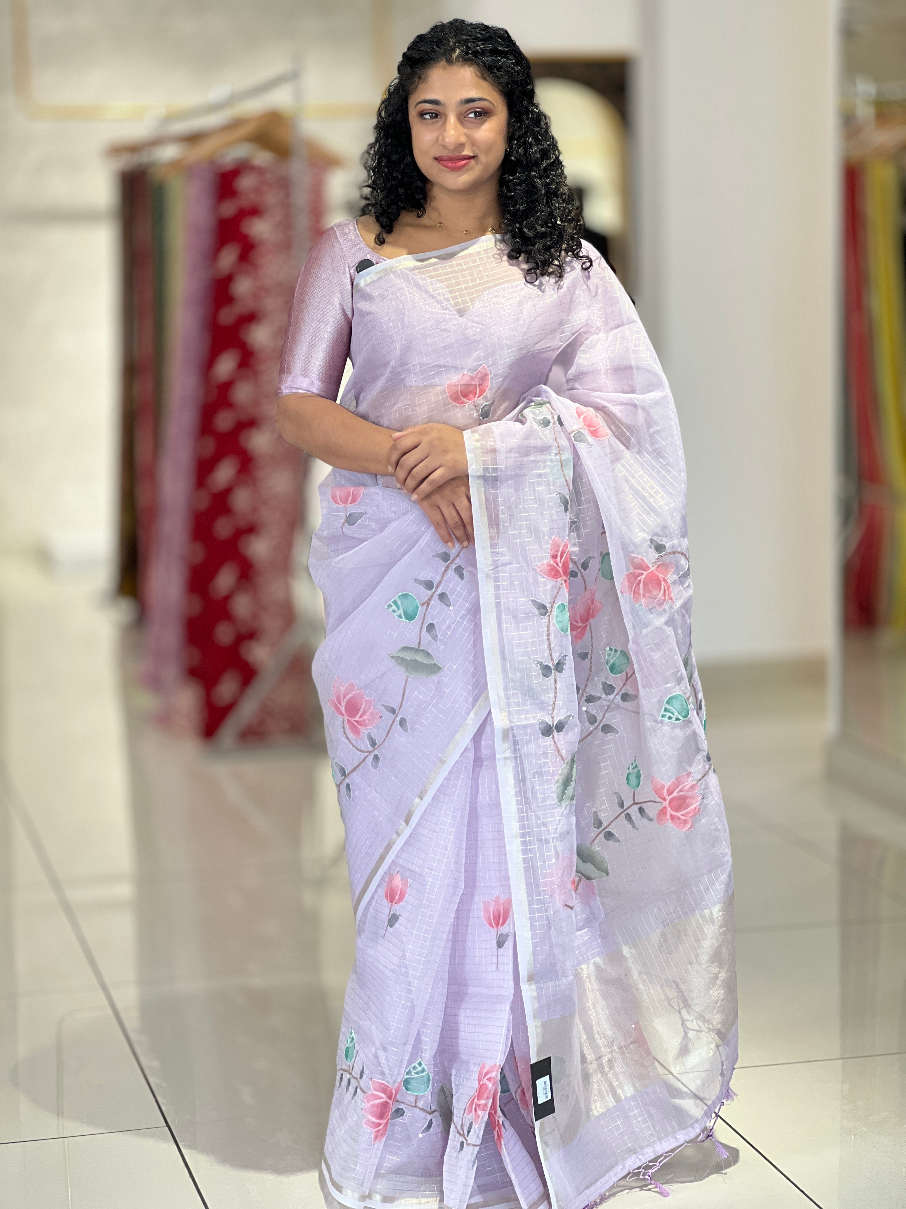 Zari Check Pattern With Floral Detailed Organza Saree | SBS1070