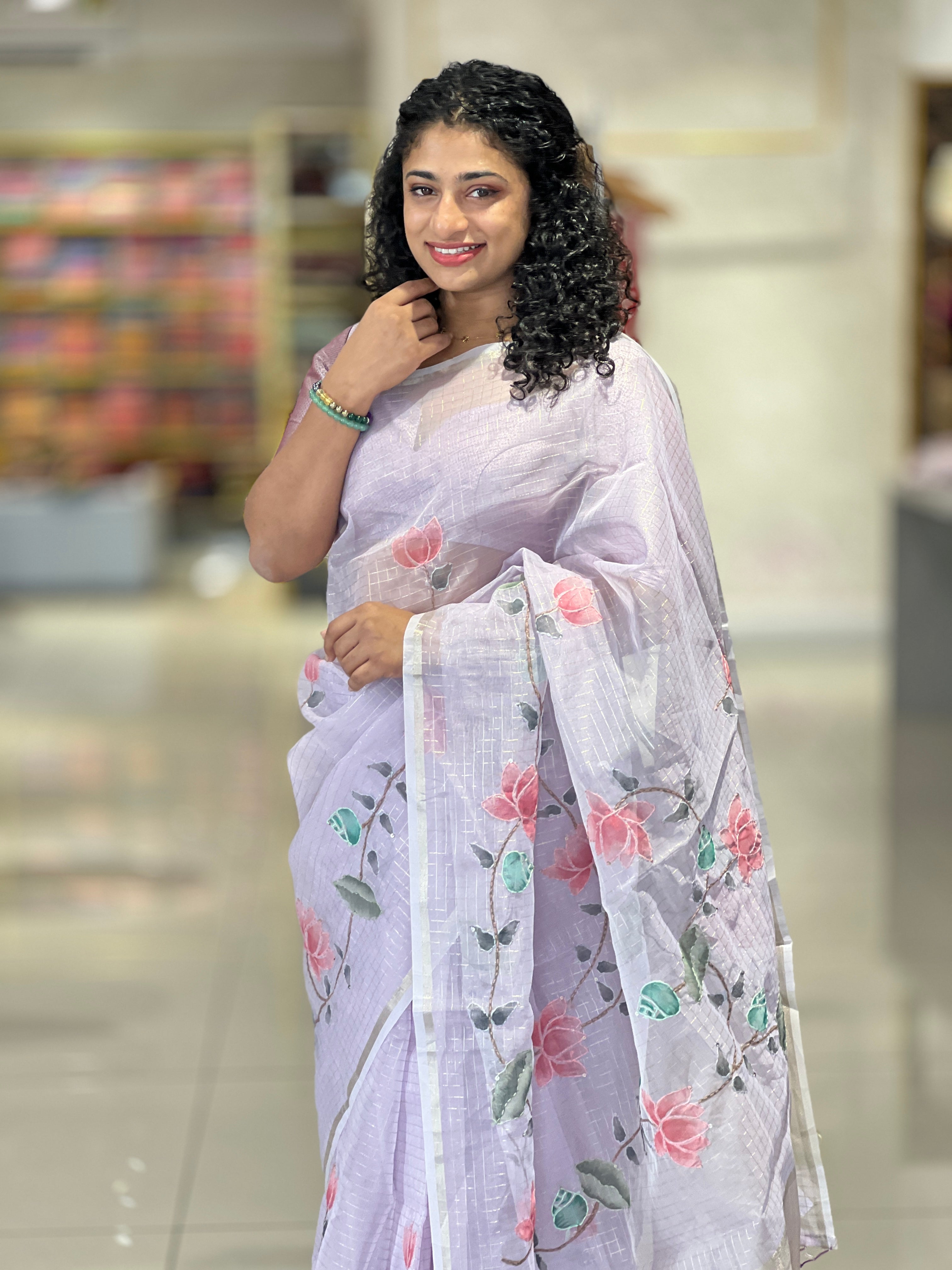Zari Check Pattern With Floral Detailed Organza Saree | SBS1070