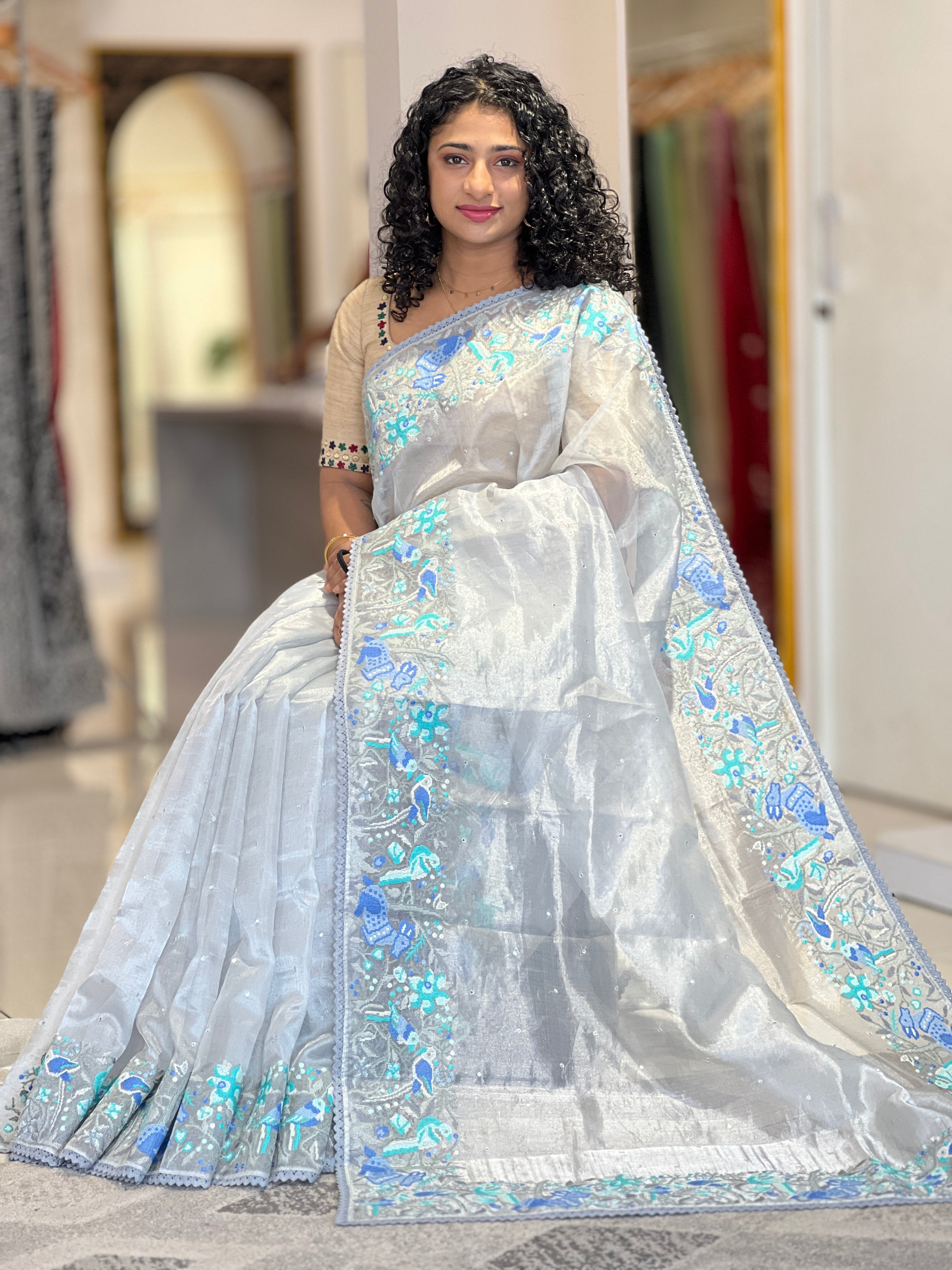 Cross Stitch Embroidered Tissue Organza Saree | RGD588