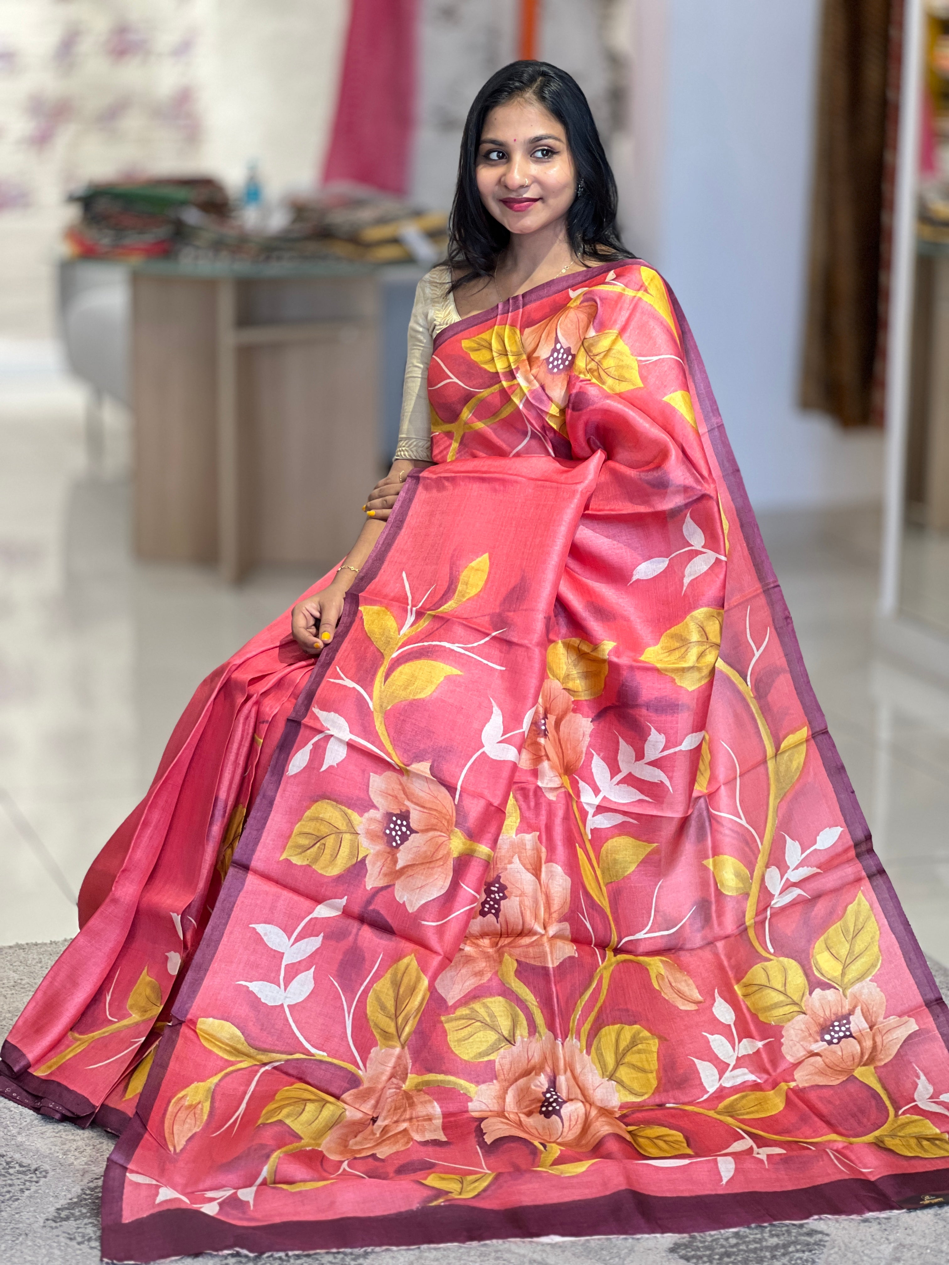 Floral Print Detailed Tussar Saree | SBS1276