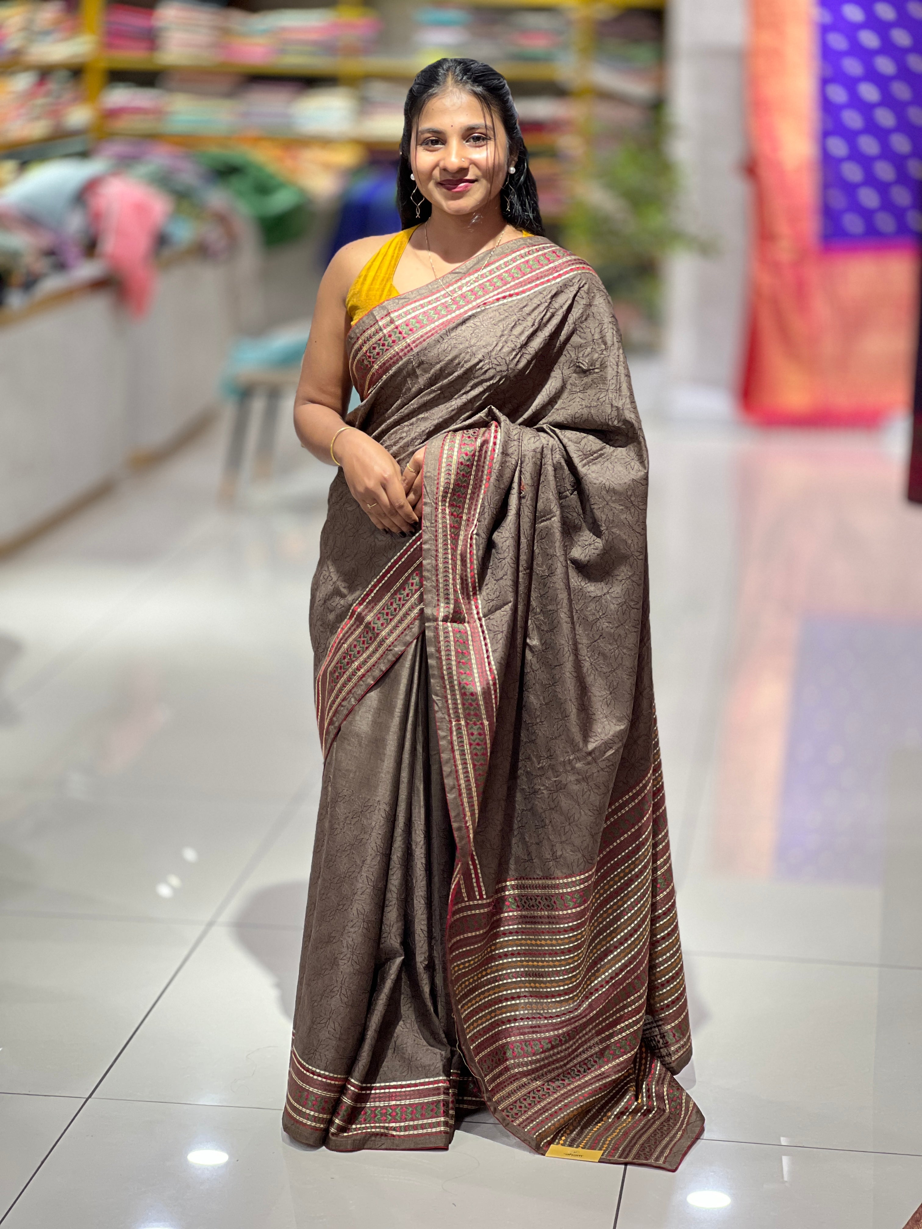 Floral Embroidery Detailed Semi Tussar Saree | SUN464