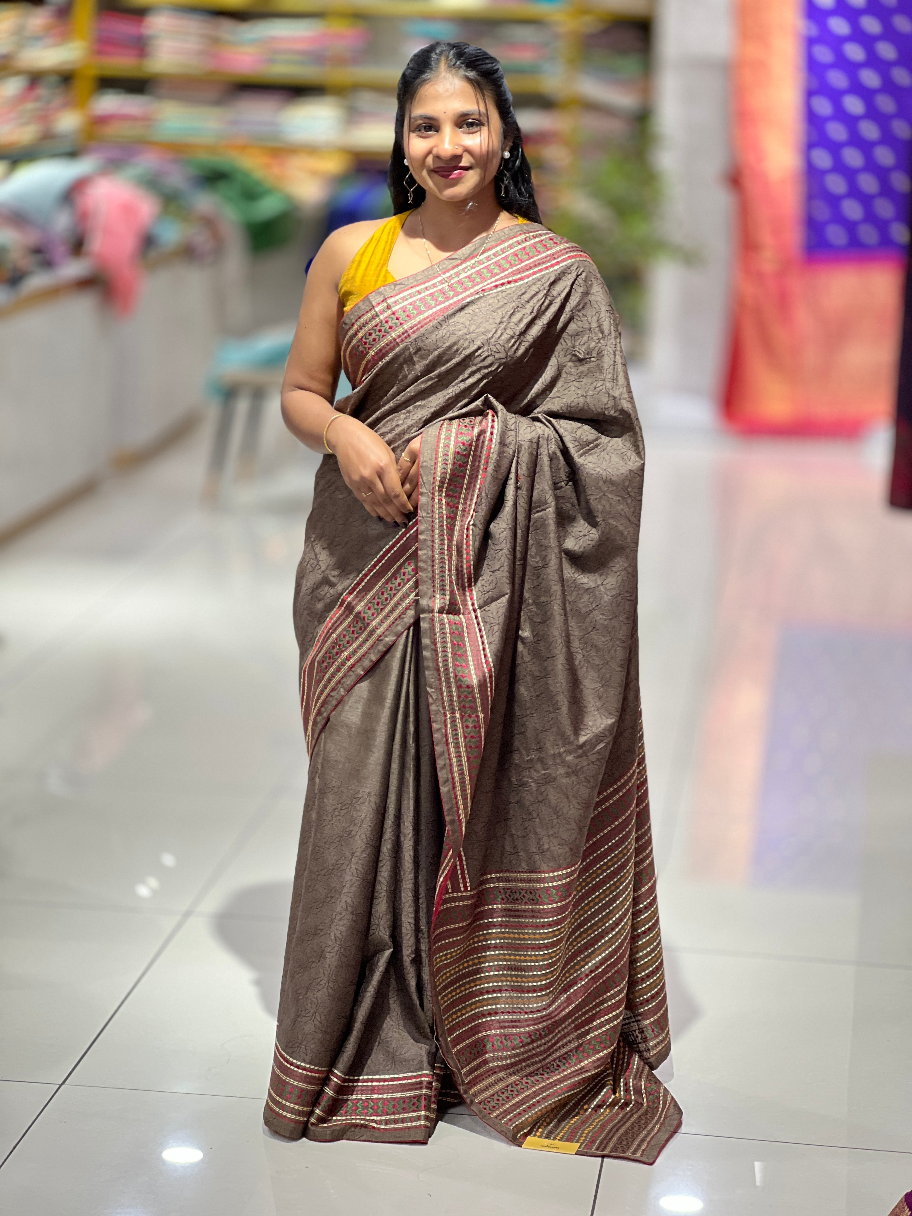 Floral Embroidery Detailed Semi Tussar Saree | SUN464