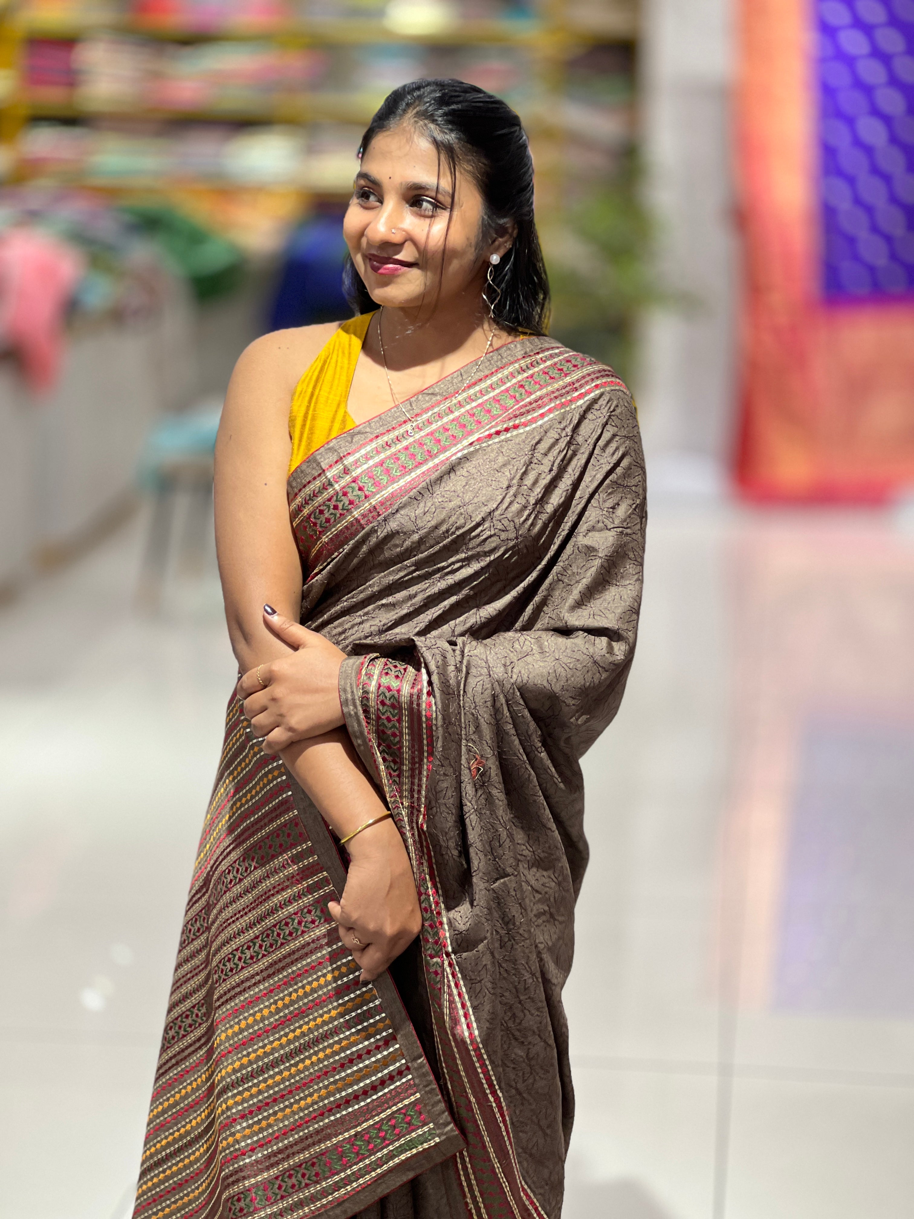Floral Embroidery Detailed Semi Tussar Saree | SUN464