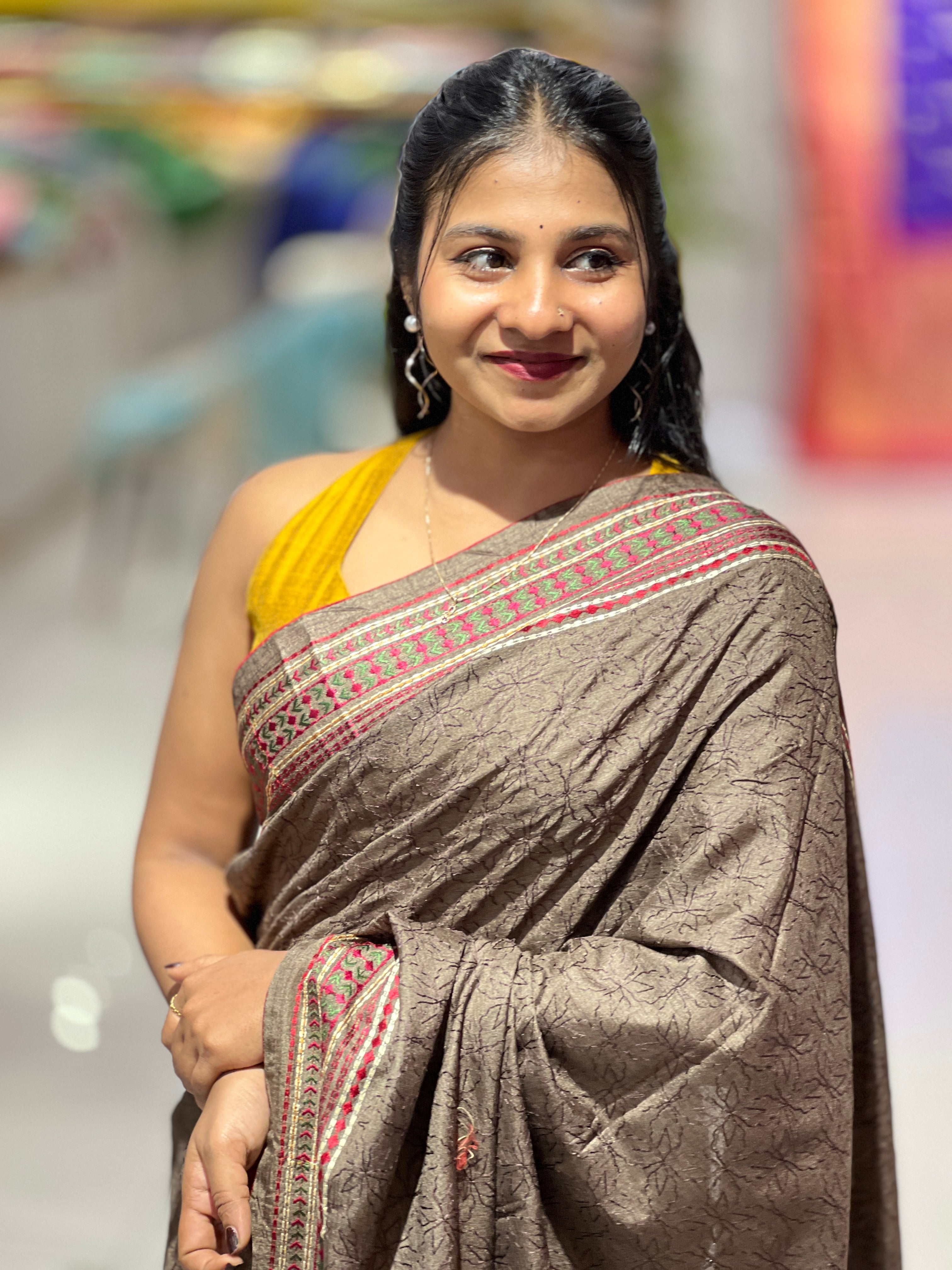 Floral Embroidery Detailed Semi Tussar Saree | SUN464