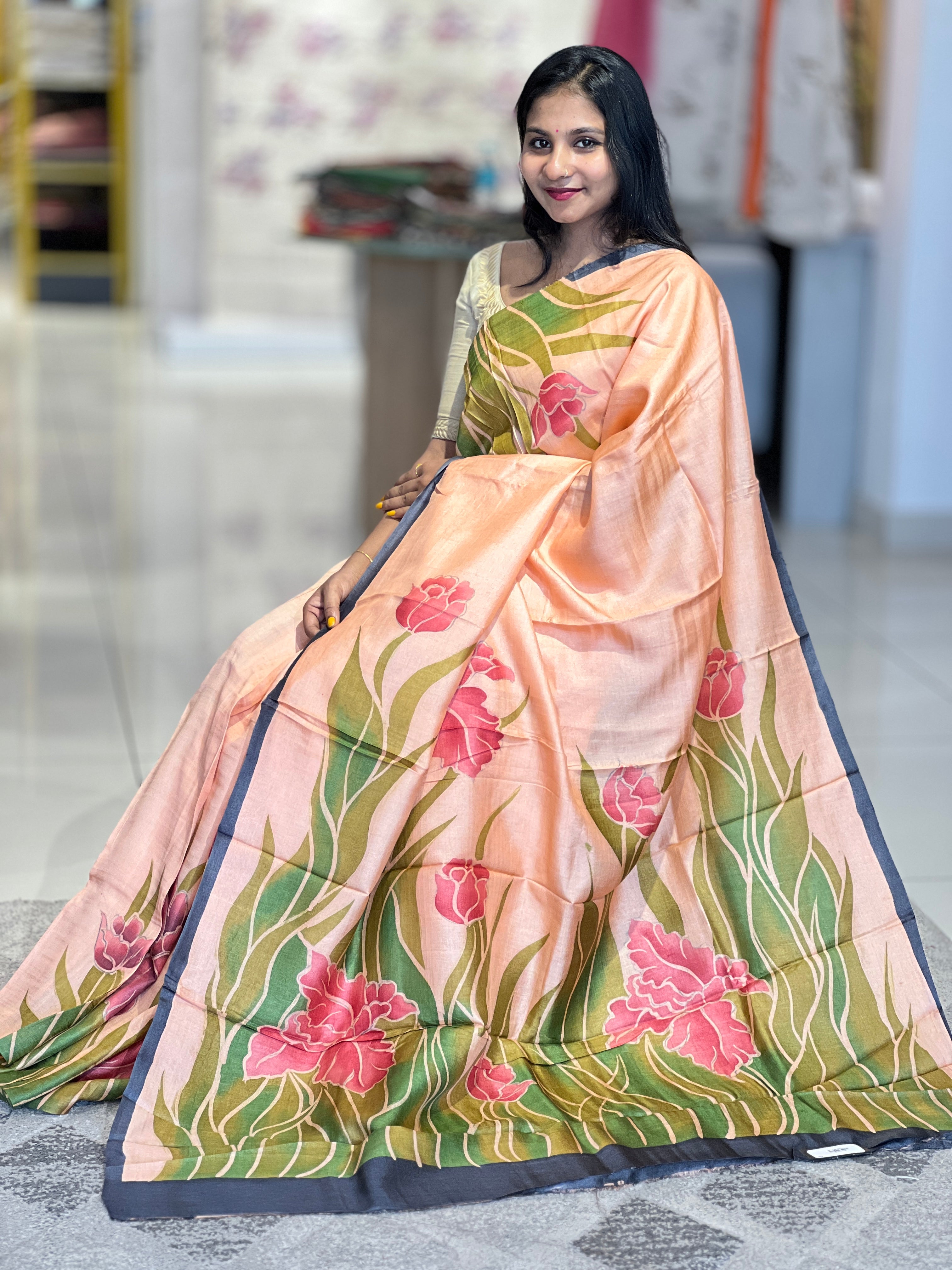 Floral Print Detailed Pure Tussar Saree | SBS1279