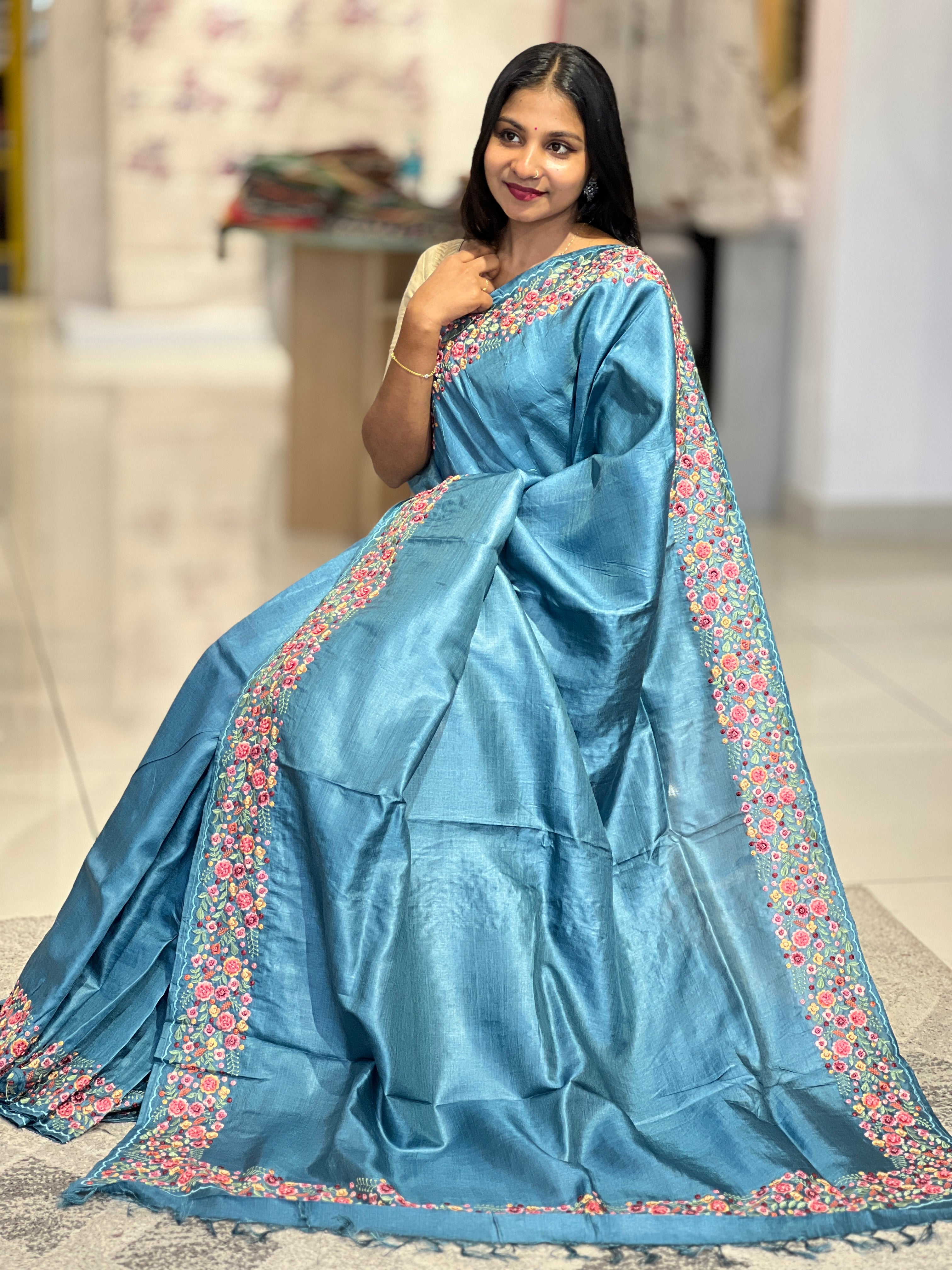 Floral Embroidery Tussar Saree | CHA131