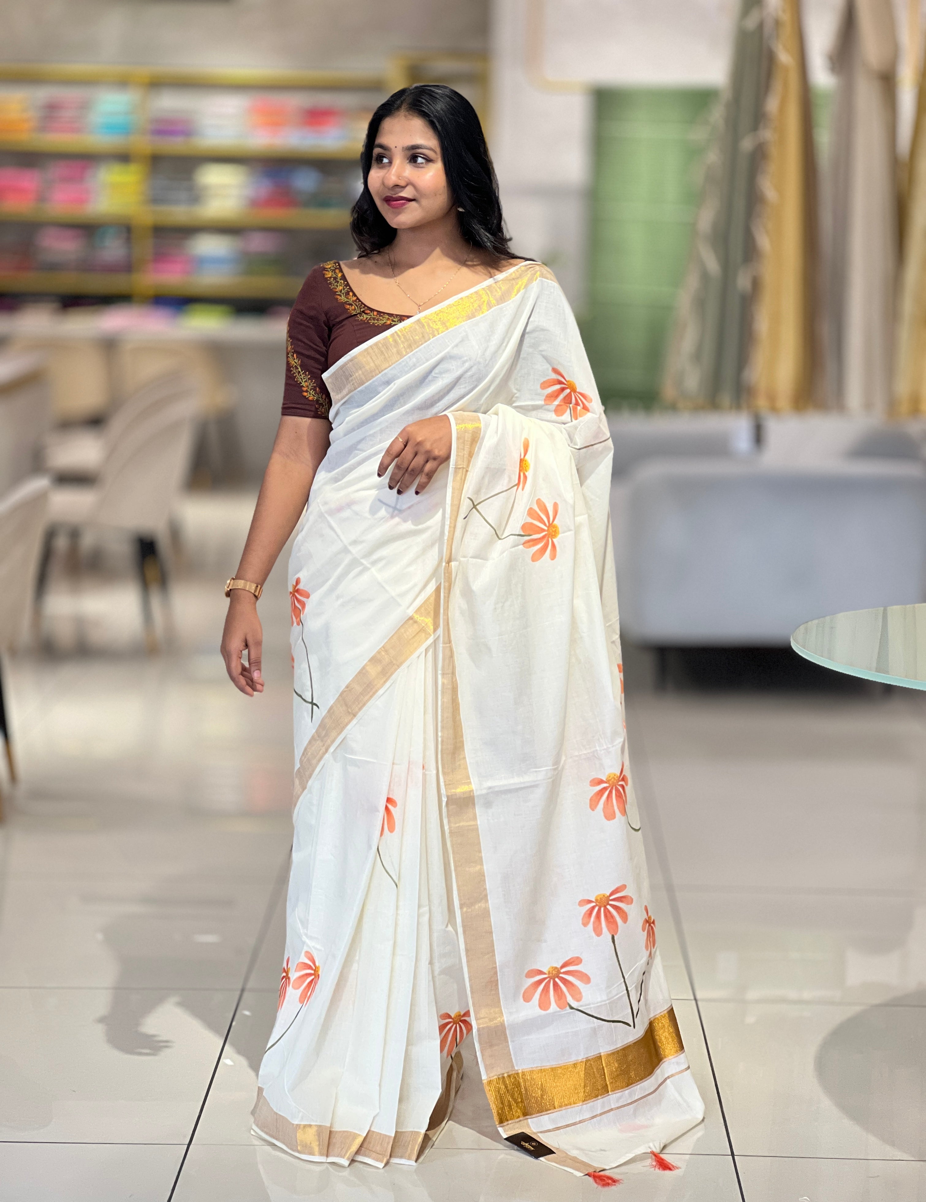 Floral Printed Kerala Cotton Saree | BLD448