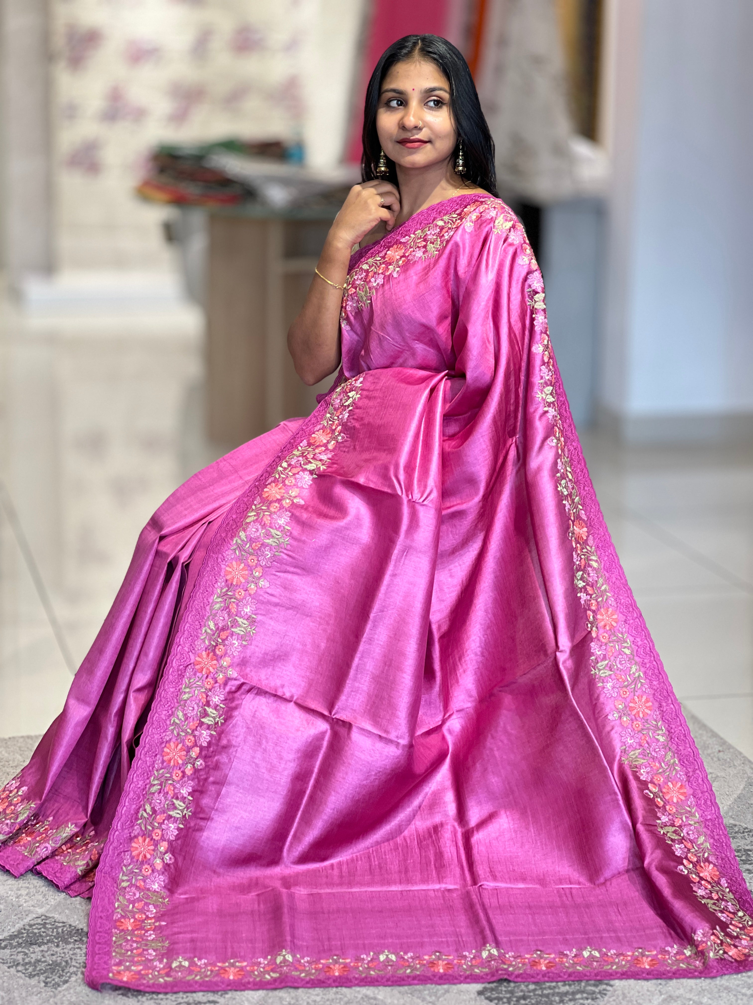 Floral Embroidery Tussar Silk Saree | CHA123