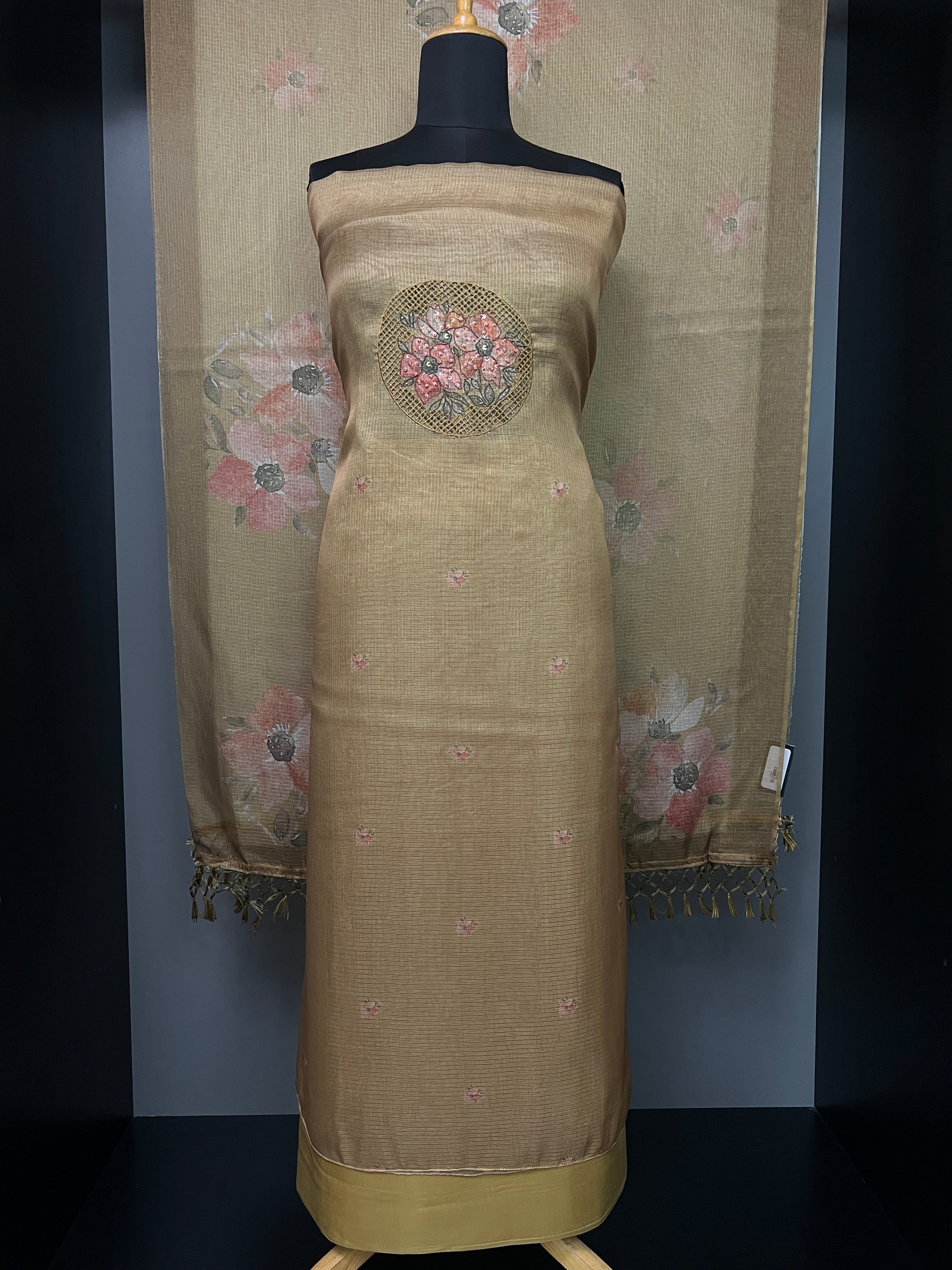 Yoke Cut Work Design With Embroidery Highlight Silky Kota Salwar Set