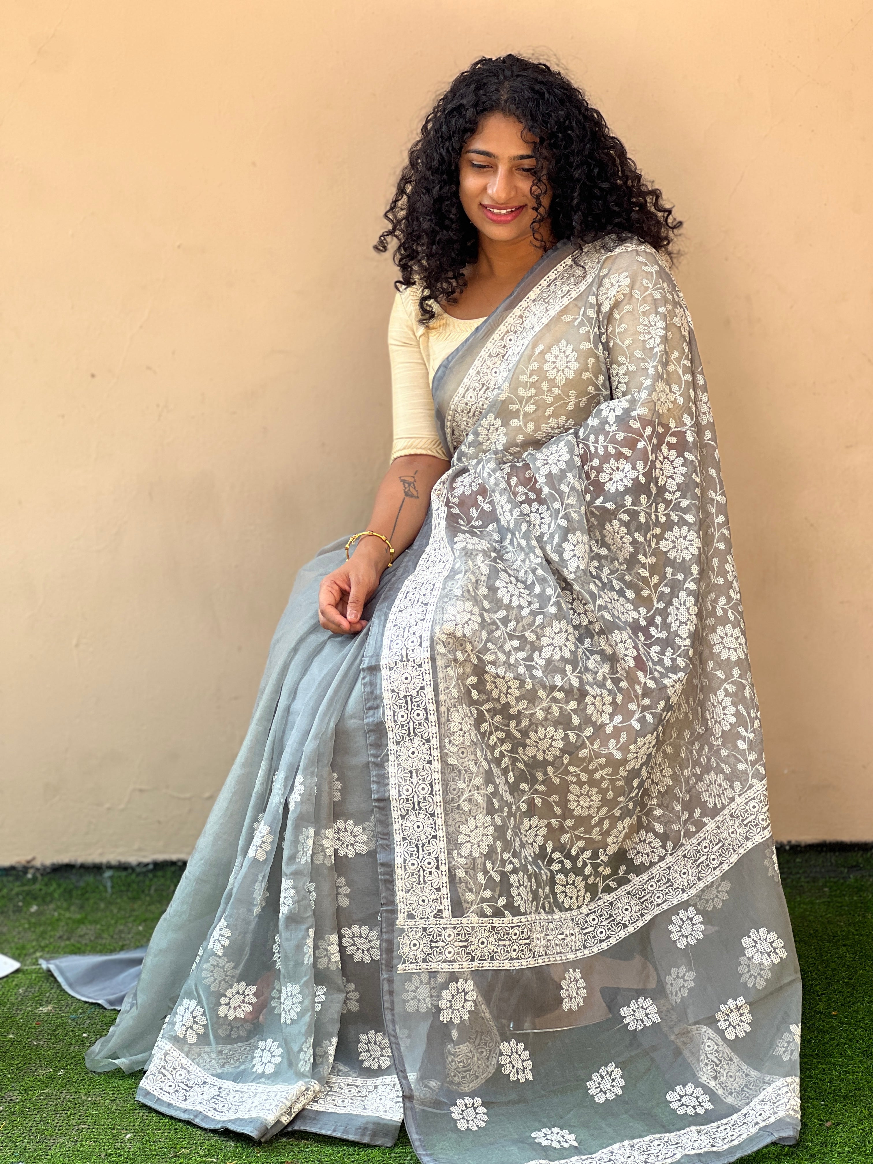 Computerized Machine Embroidery Organza Saree | AHD1768