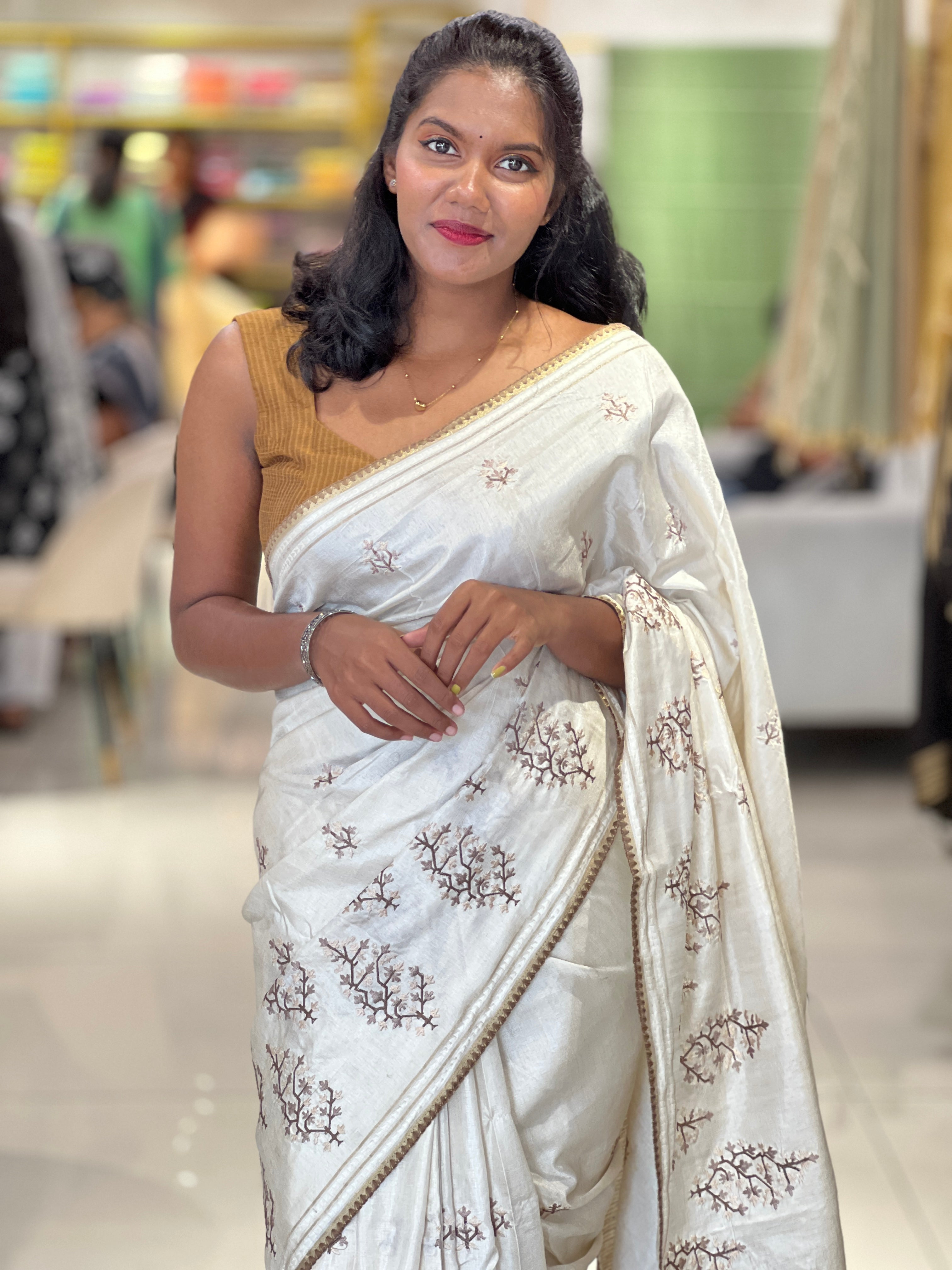 Machine Embroidery Detailed Tussar Finish Saree | PNS237