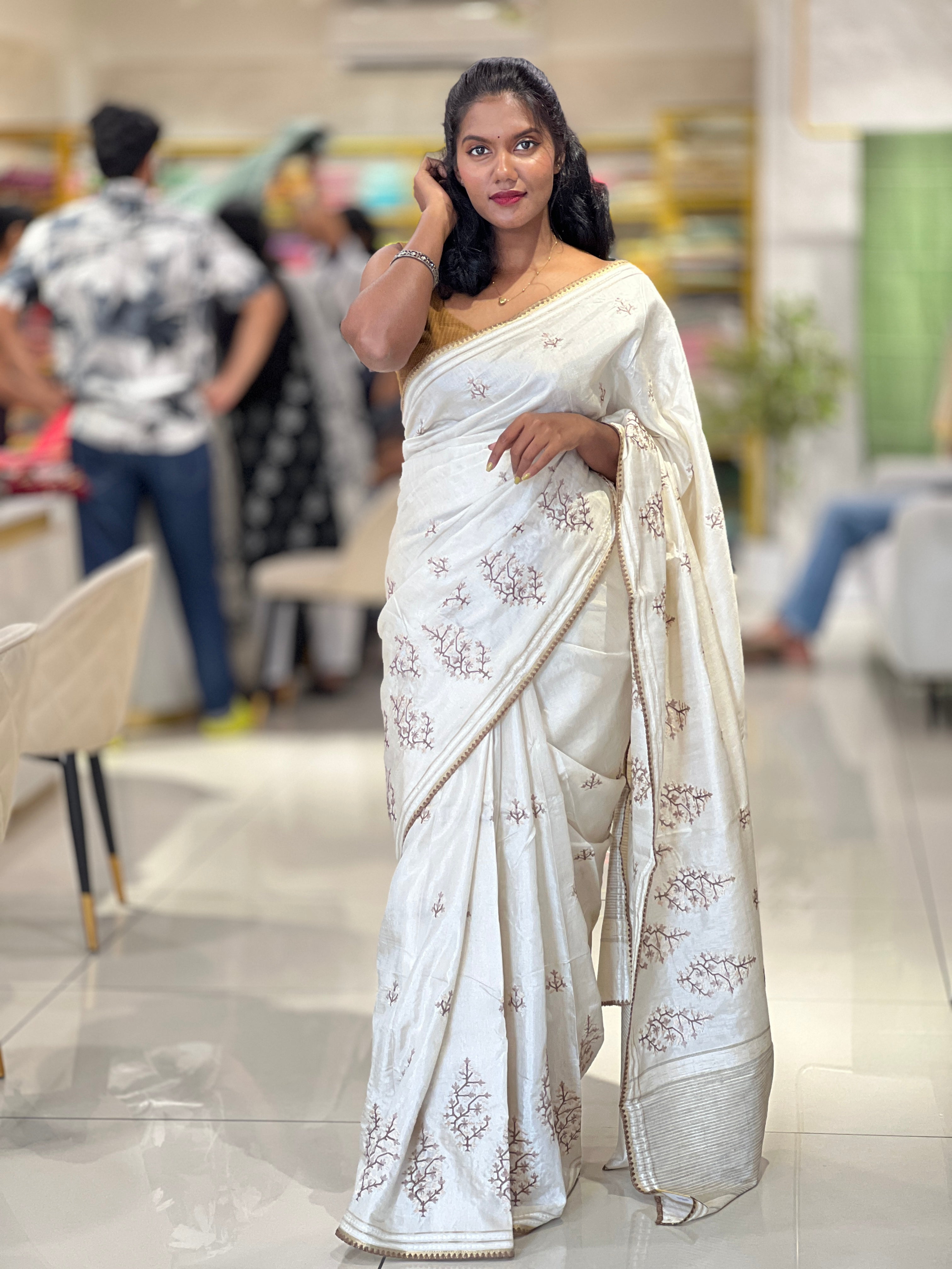 Machine Embroidery Detailed Tussar Finish Saree | PNS237