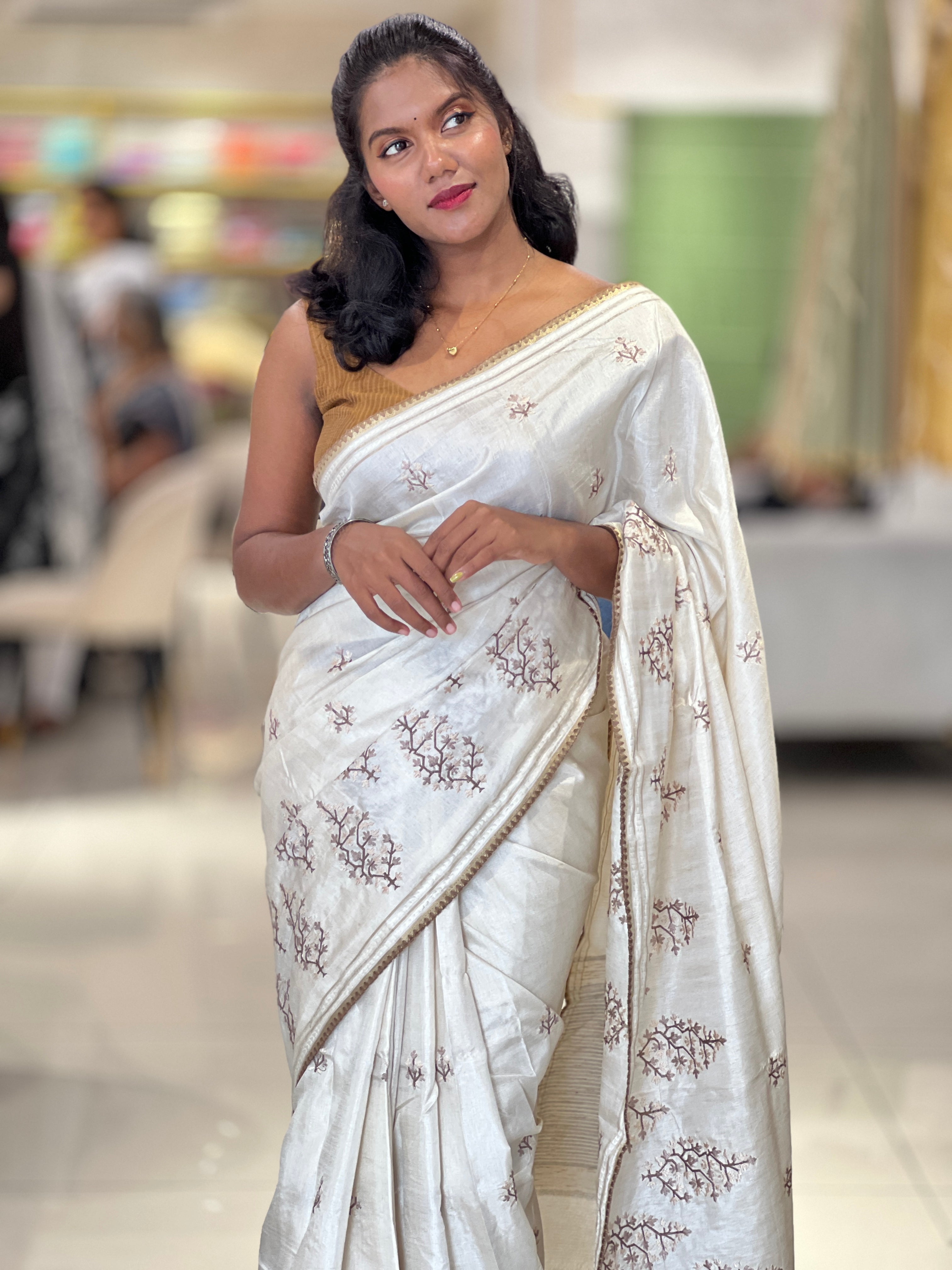 Machine Embroidery Detailed Tussar Finish Saree | PNS237