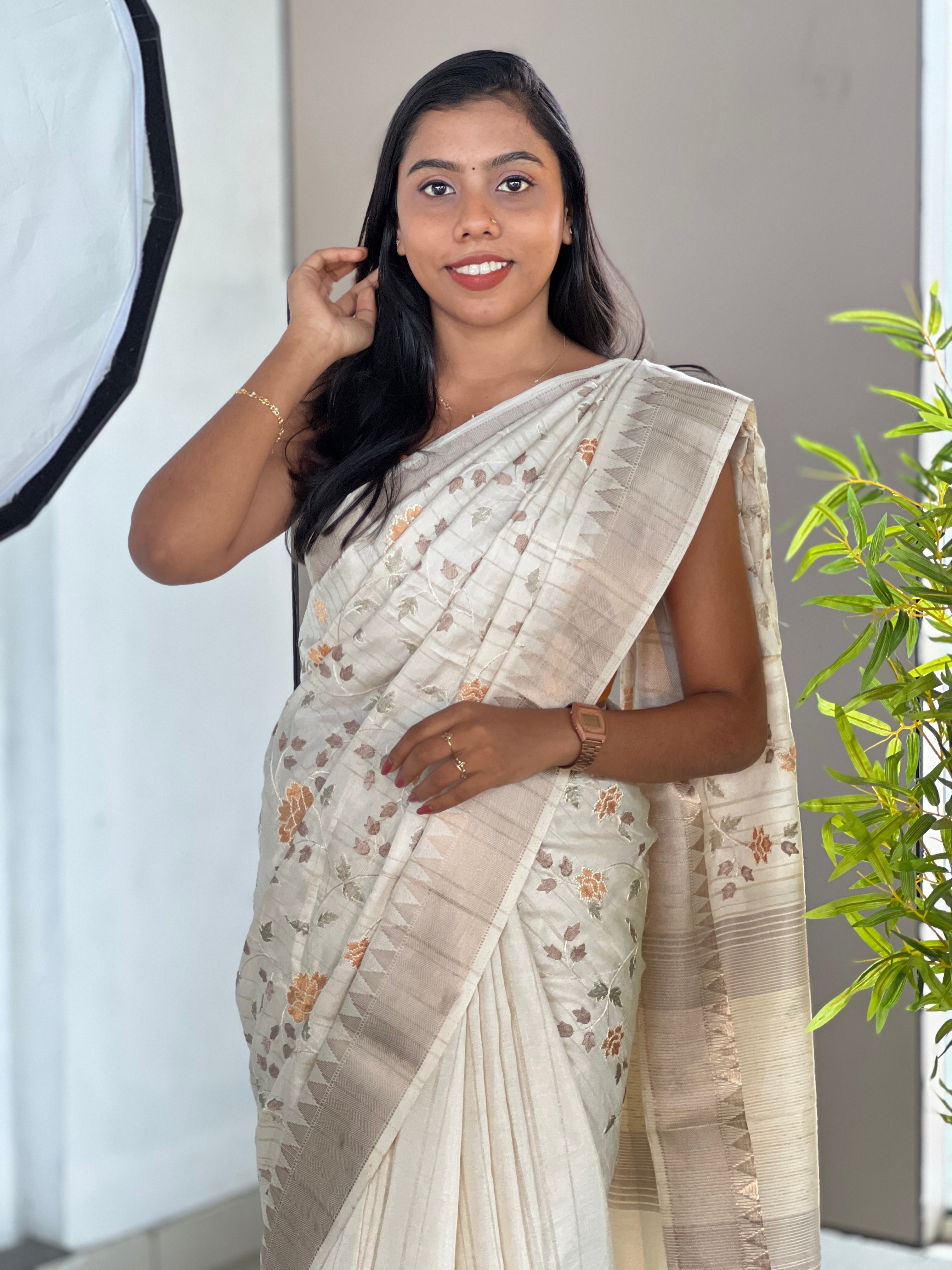 Floral and Leaf Embroidery Patterned Semi Tussar Saree | PNS250