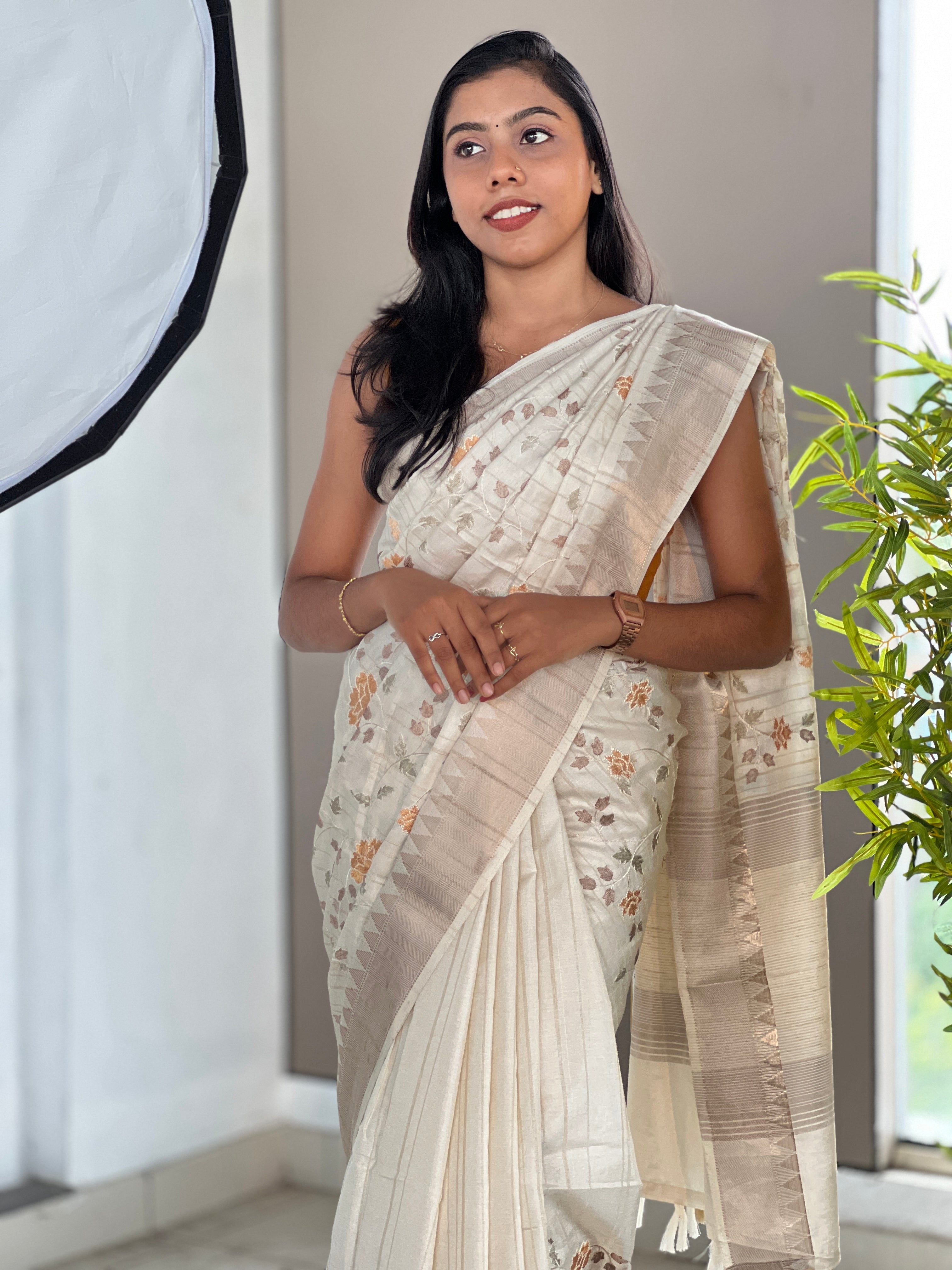 Floral and Leaf Embroidery Patterned Semi Tussar Saree | PNS250
