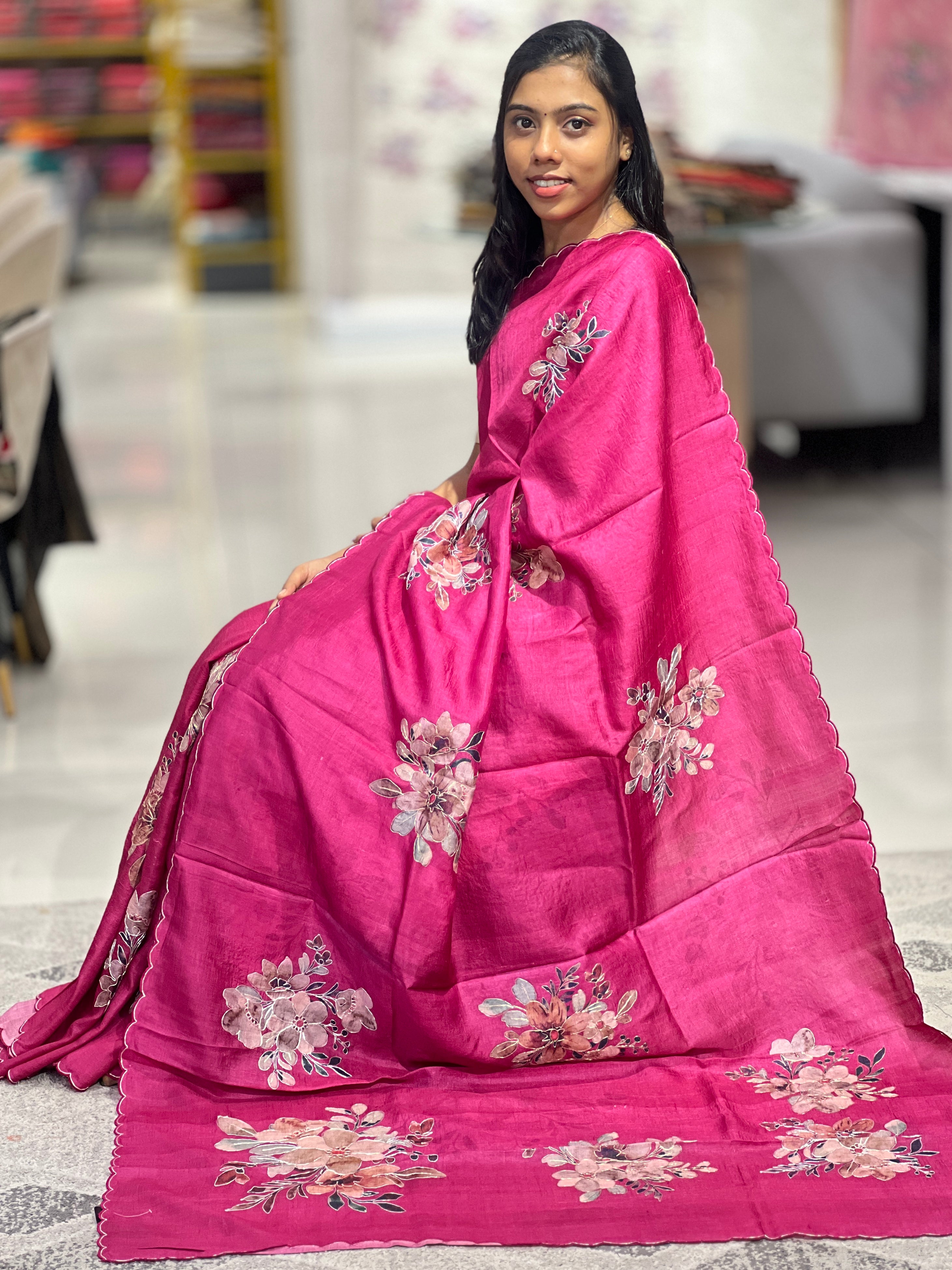 Floral Printed Placement Detailed Tussar Saree | COC103