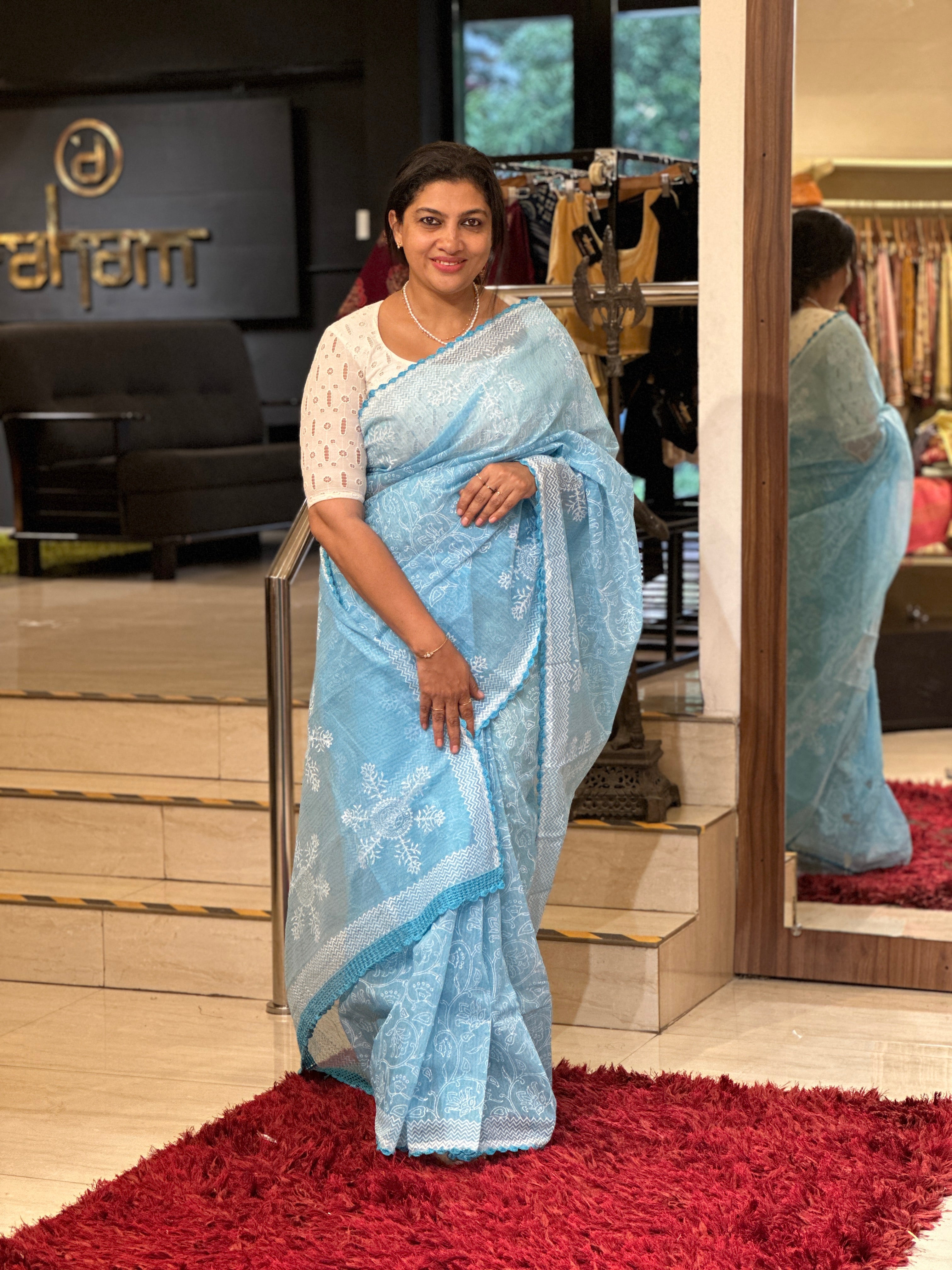 Block Print Detailed Super Net Kota Saree | JSC205