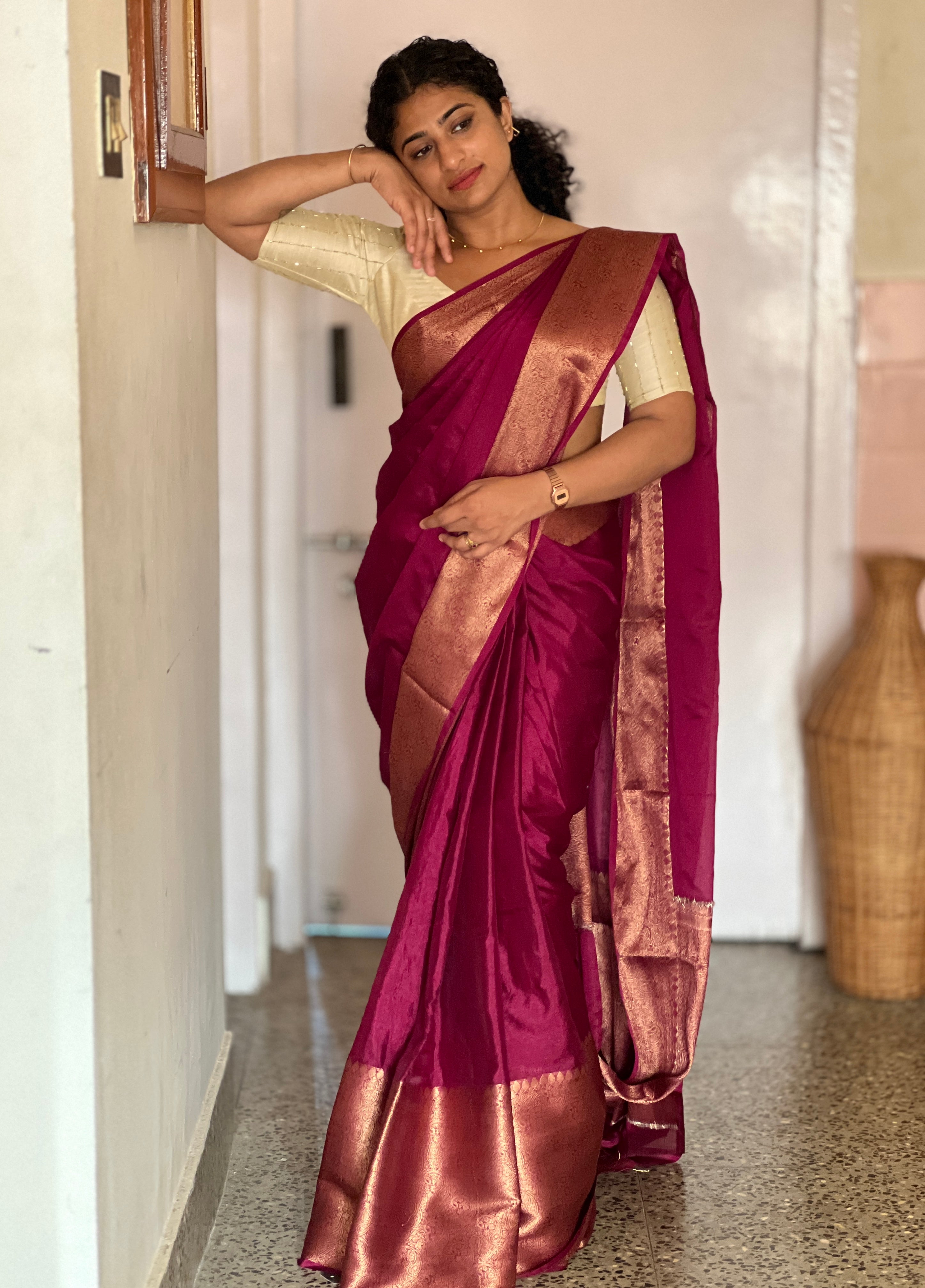 Antique Golden Zari Weaved Border Design Warm Silk Saree | NN103