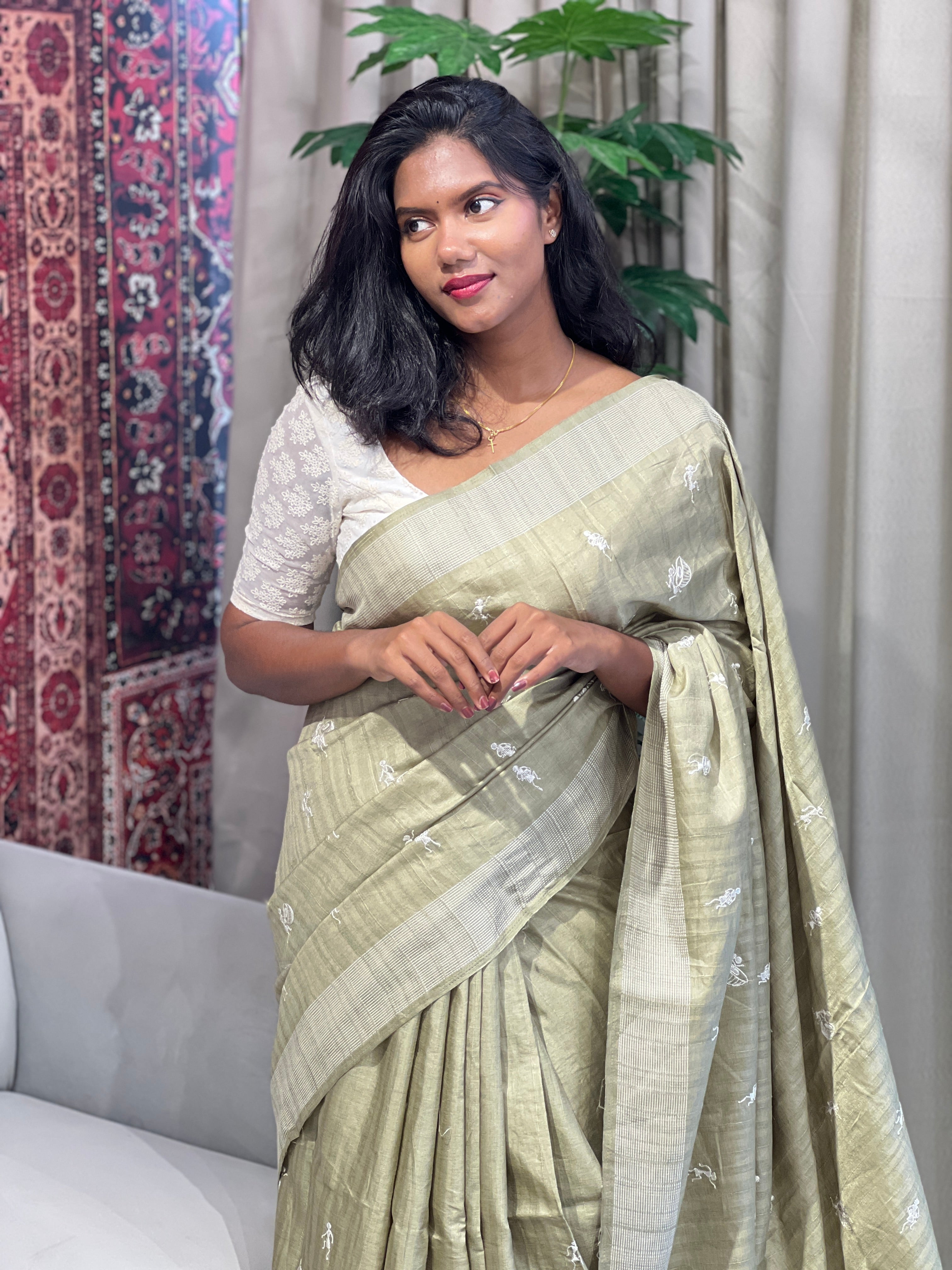 Machine Embroidery Semi Tussar Saree | SUN730