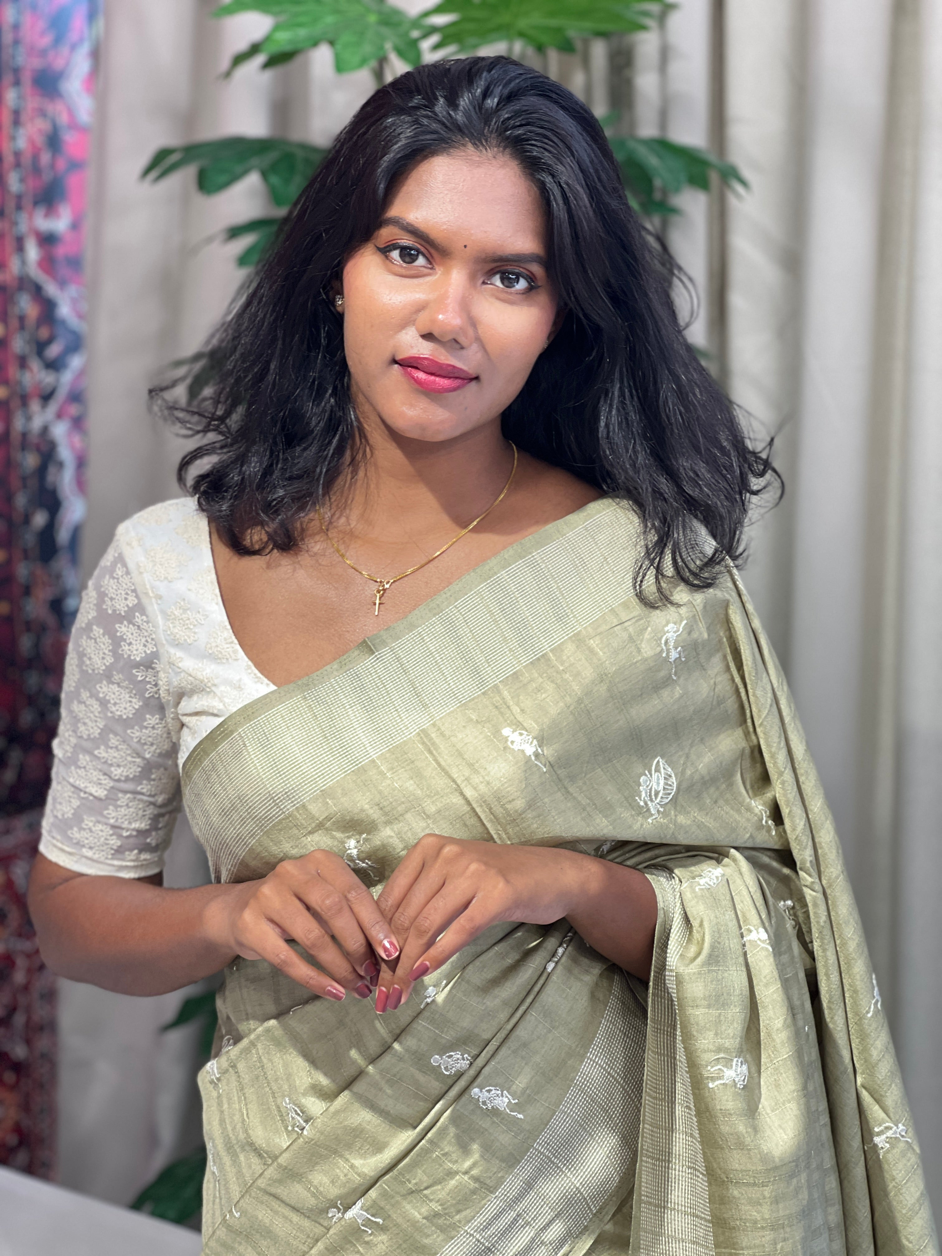 Machine Embroidery Semi Tussar Saree | SUN730