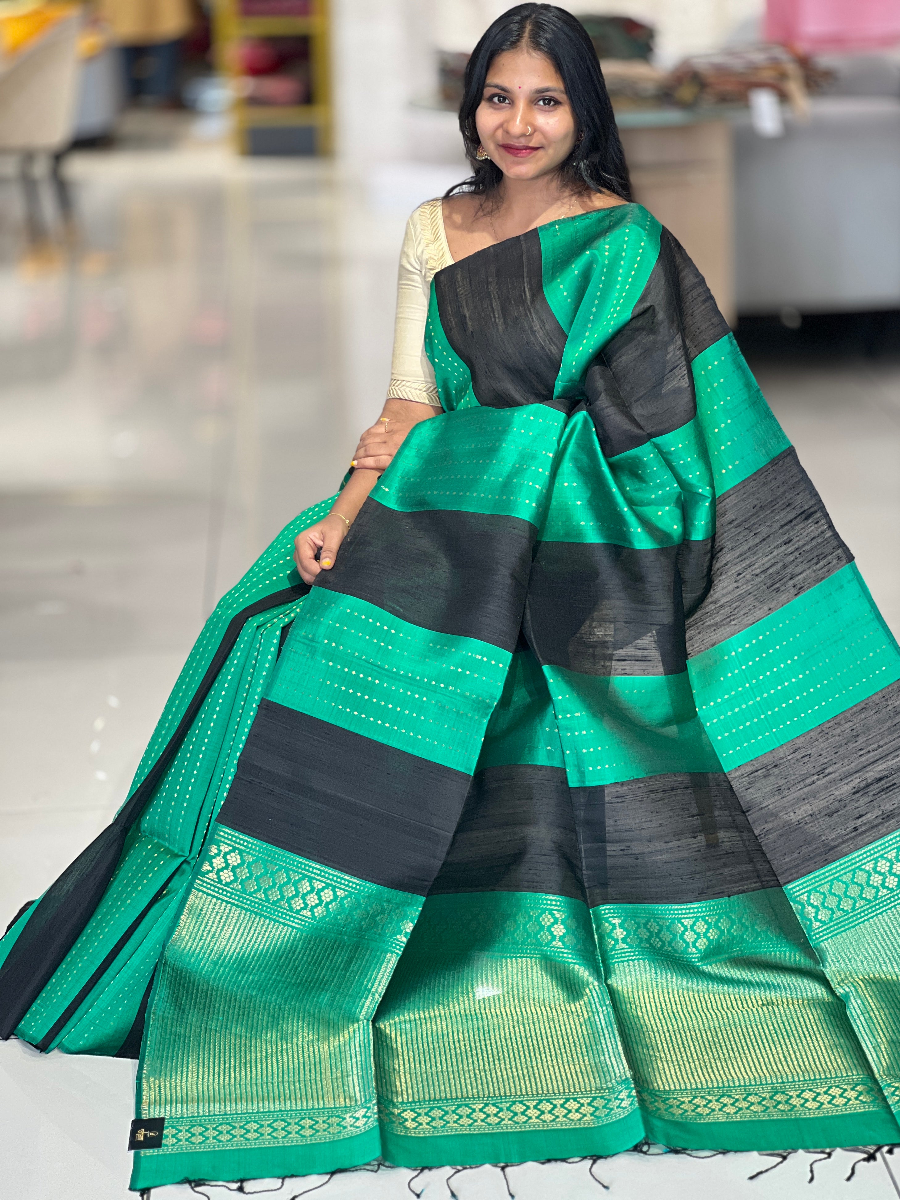 Golden Zari Stripe Detailed Soft Silk Saree | TT259