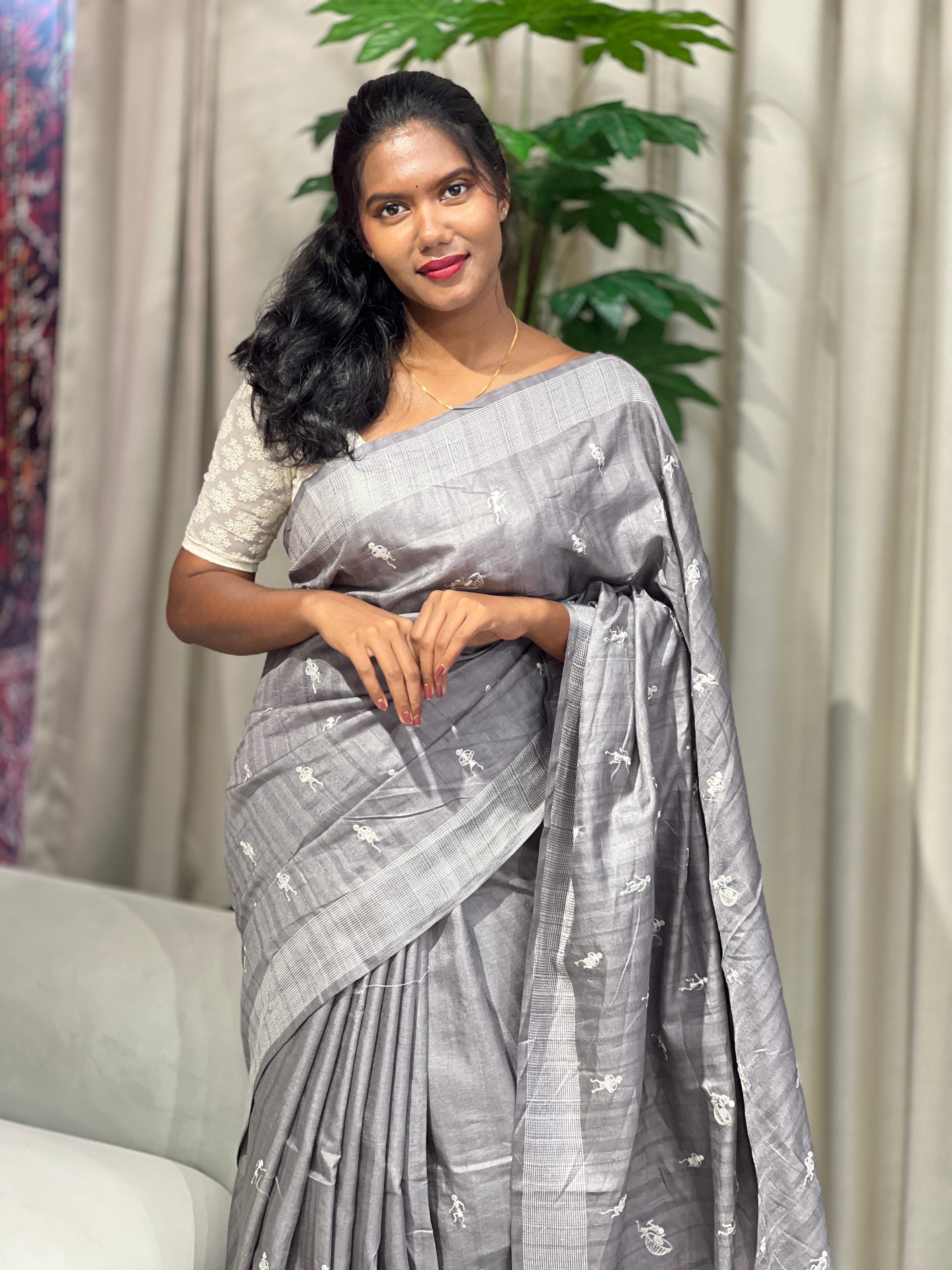 Machine Embroidery Semi Tussar Saree | SUN727