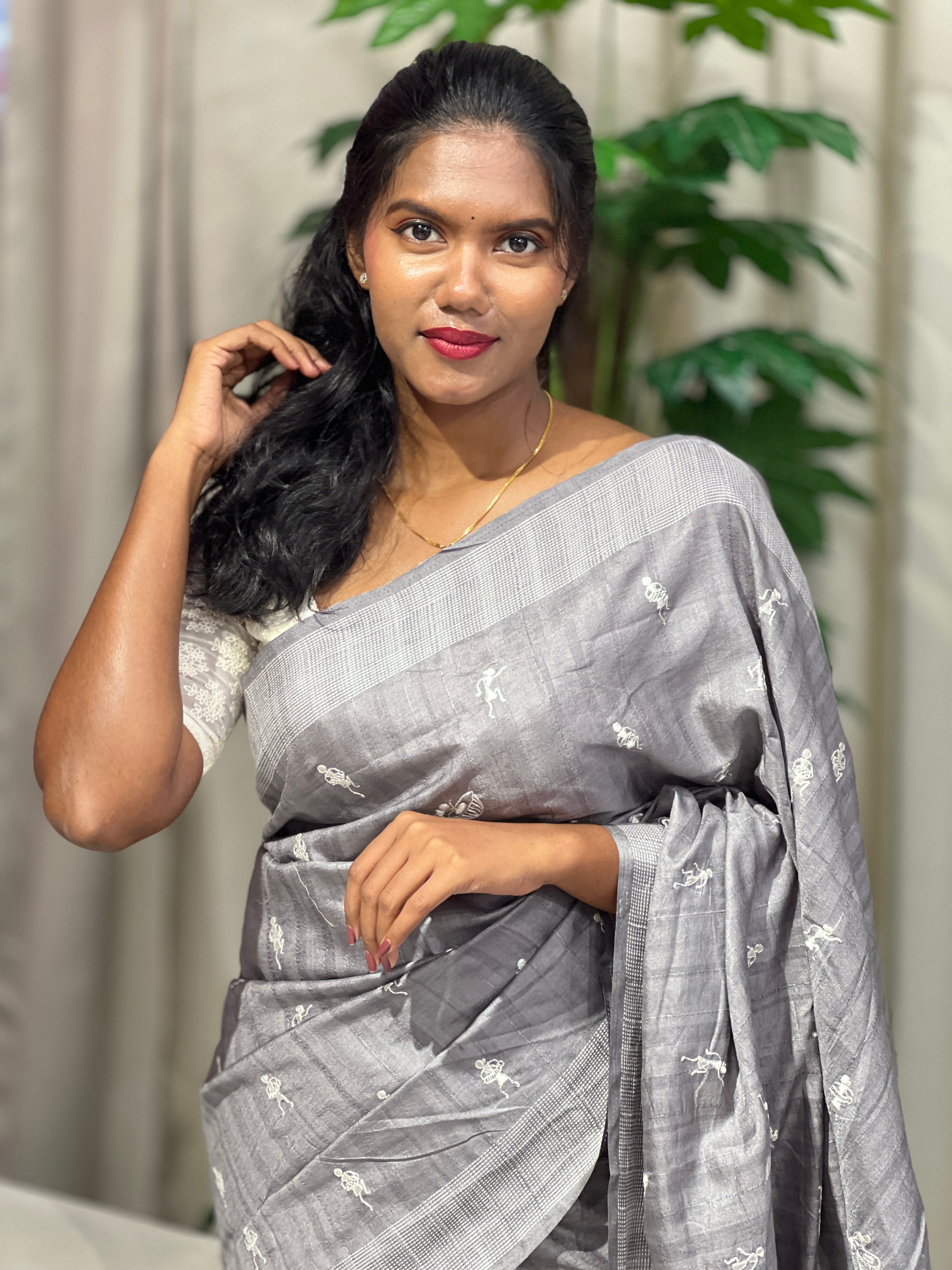 Machine Embroidery Semi Tussar Saree | SUN727