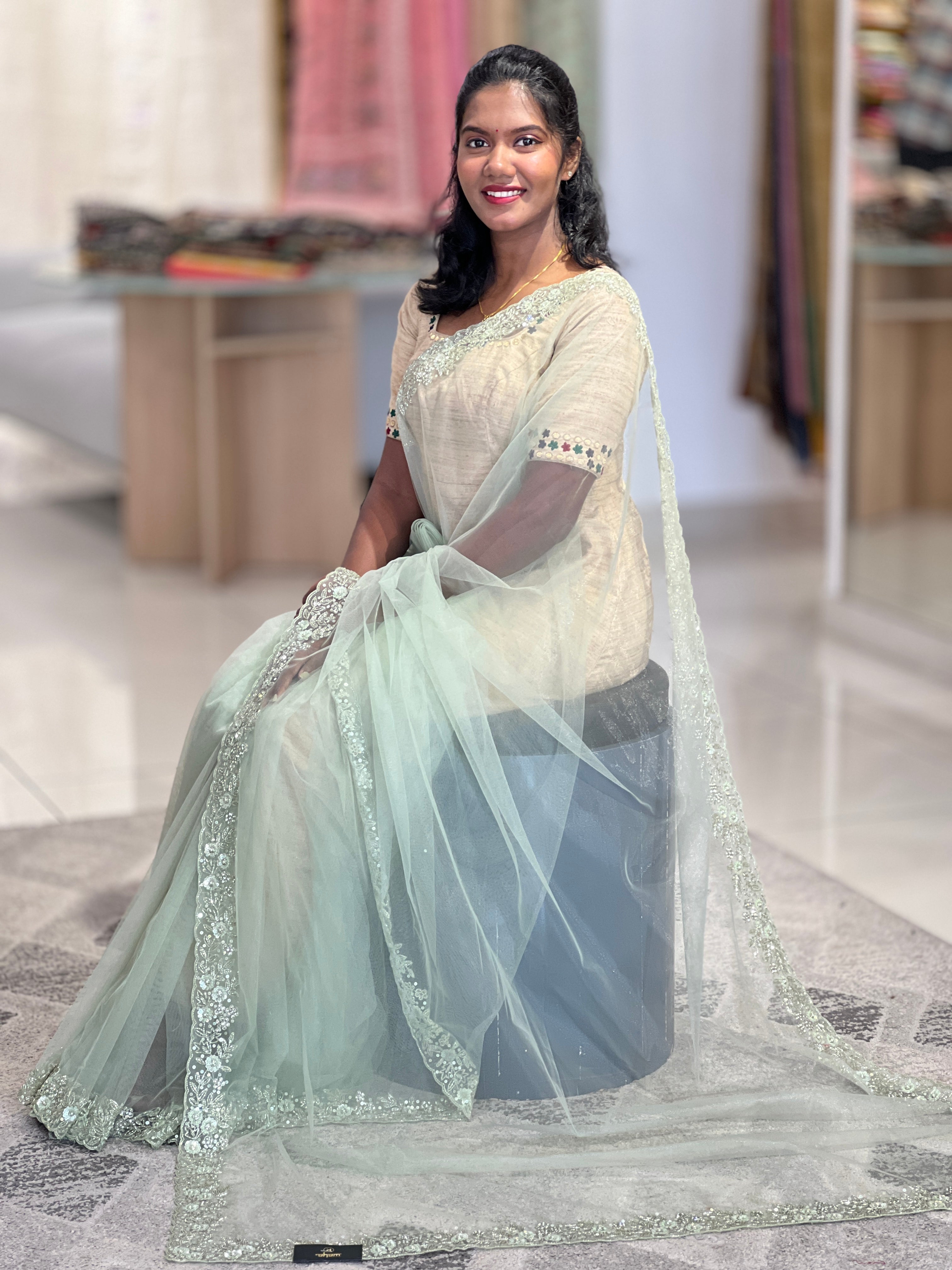 Beads Work Embroidered Net Saree | SBP875