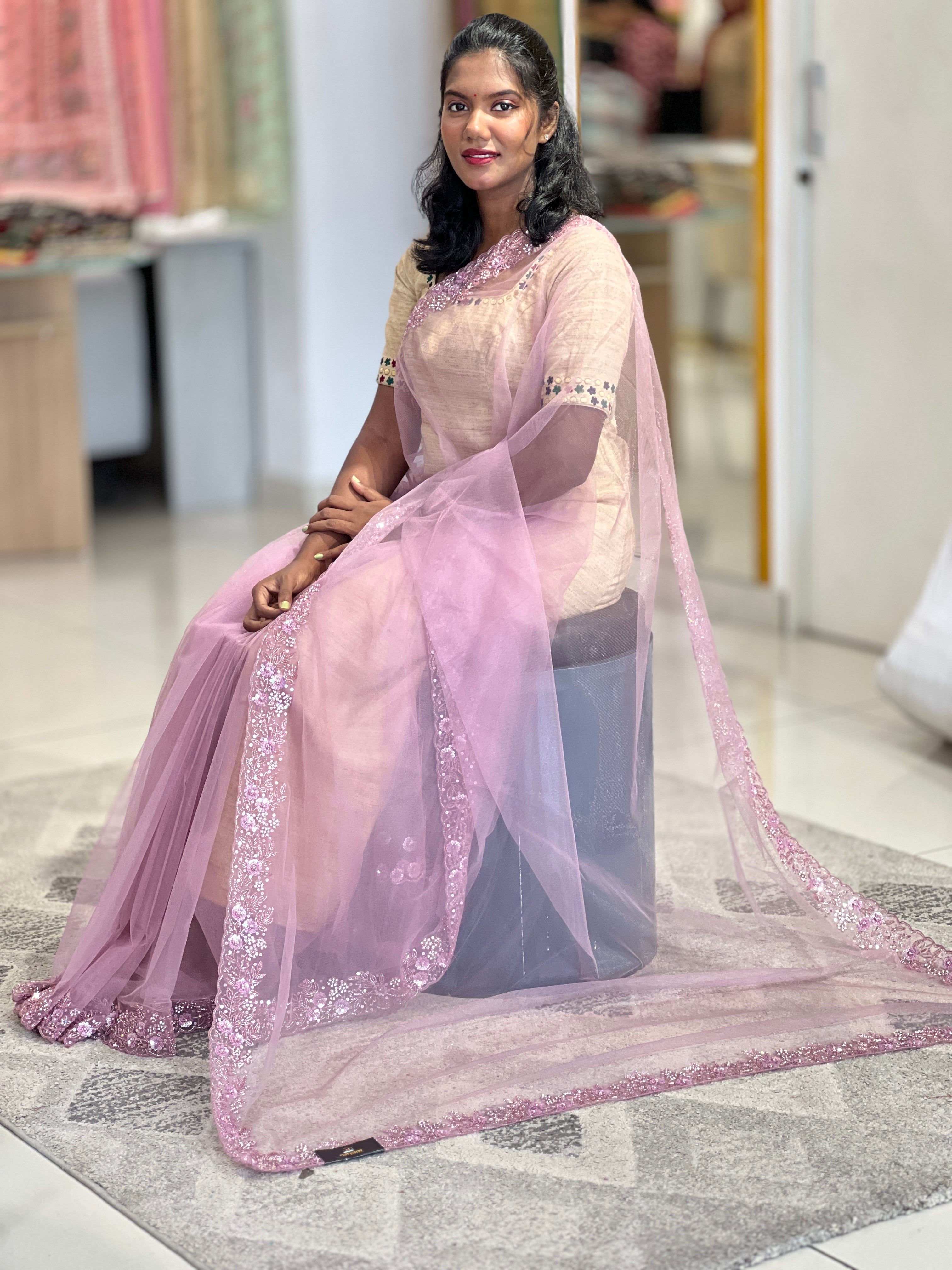 Beads Work Embroidered Net Saree | SBP873