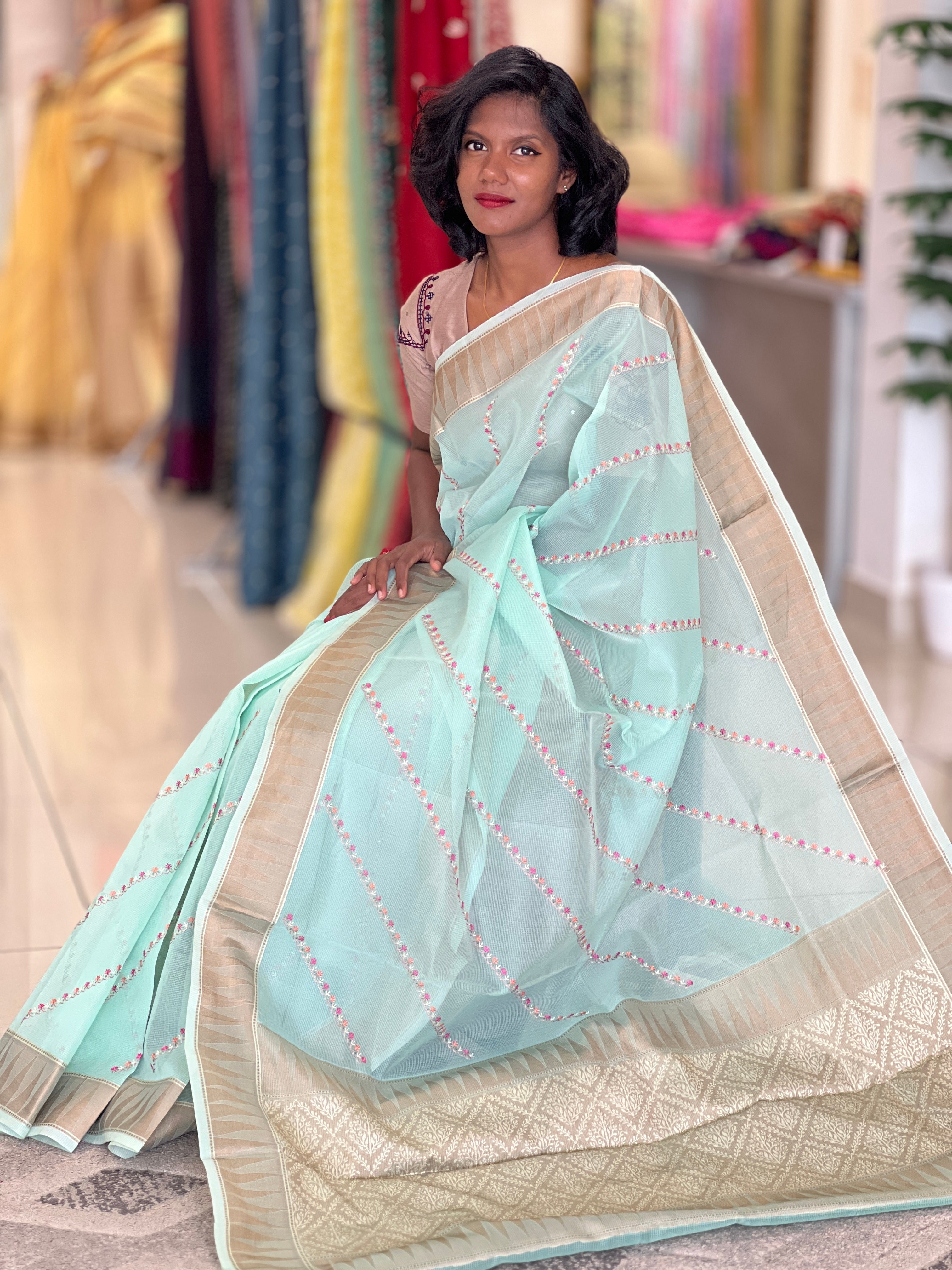 Diagonal Embroidery Detailed Check Organza Saree | RR181