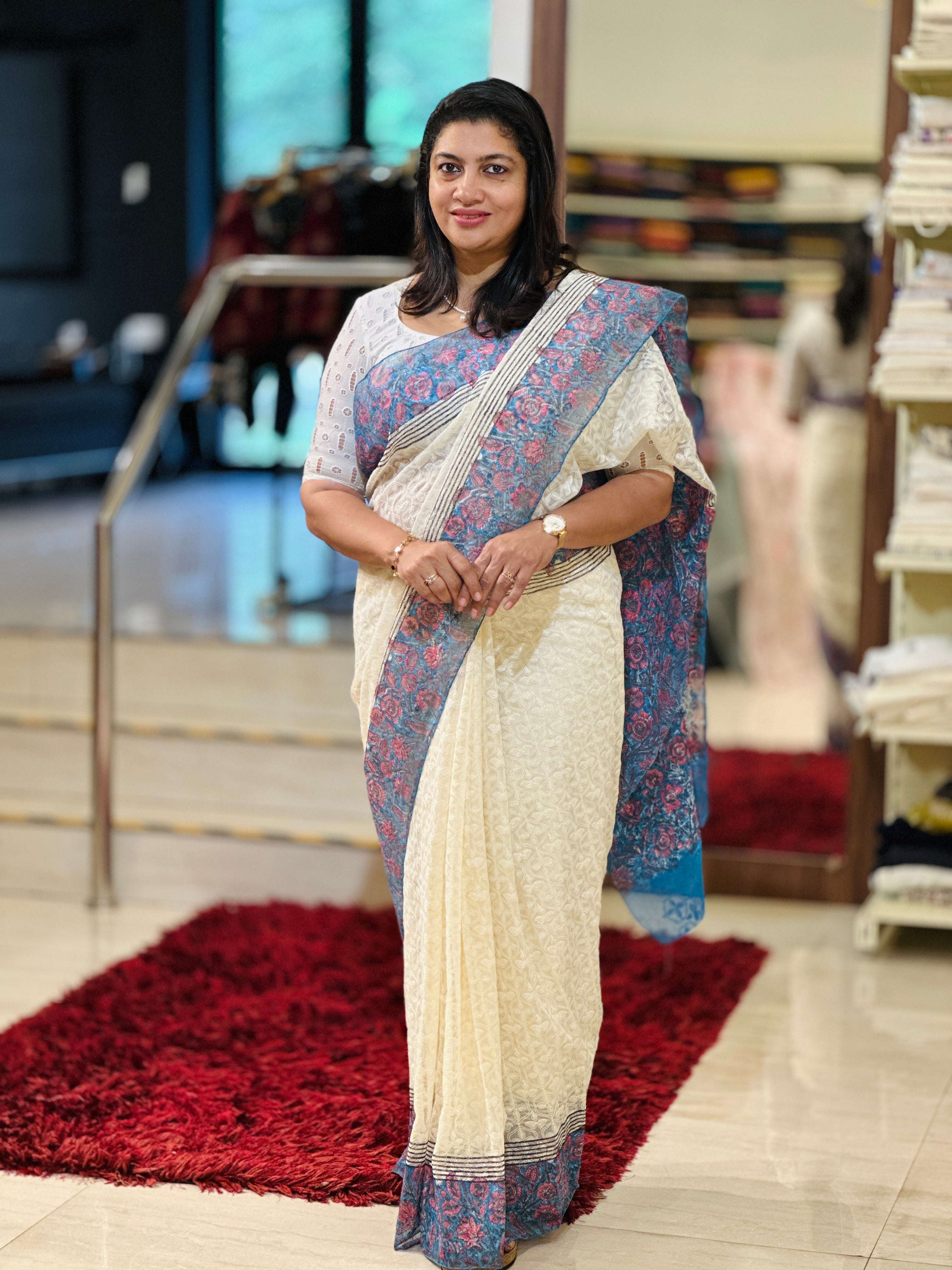 Tepchi Embroidery With Block Printed Supernet Kota Saree | JSC129
