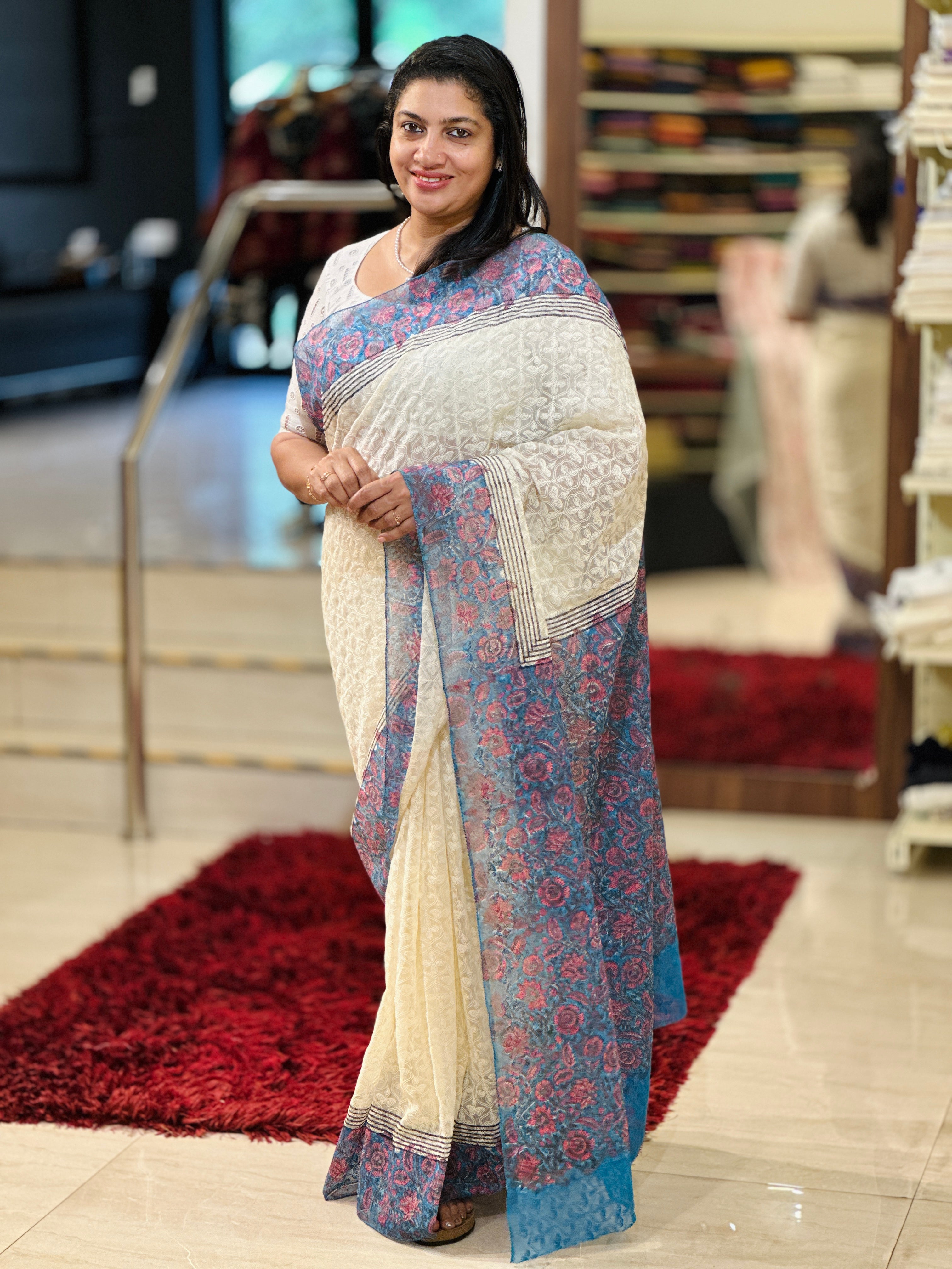 Tepchi Embroidery With Block Printed Supernet Kota Saree | JSC129