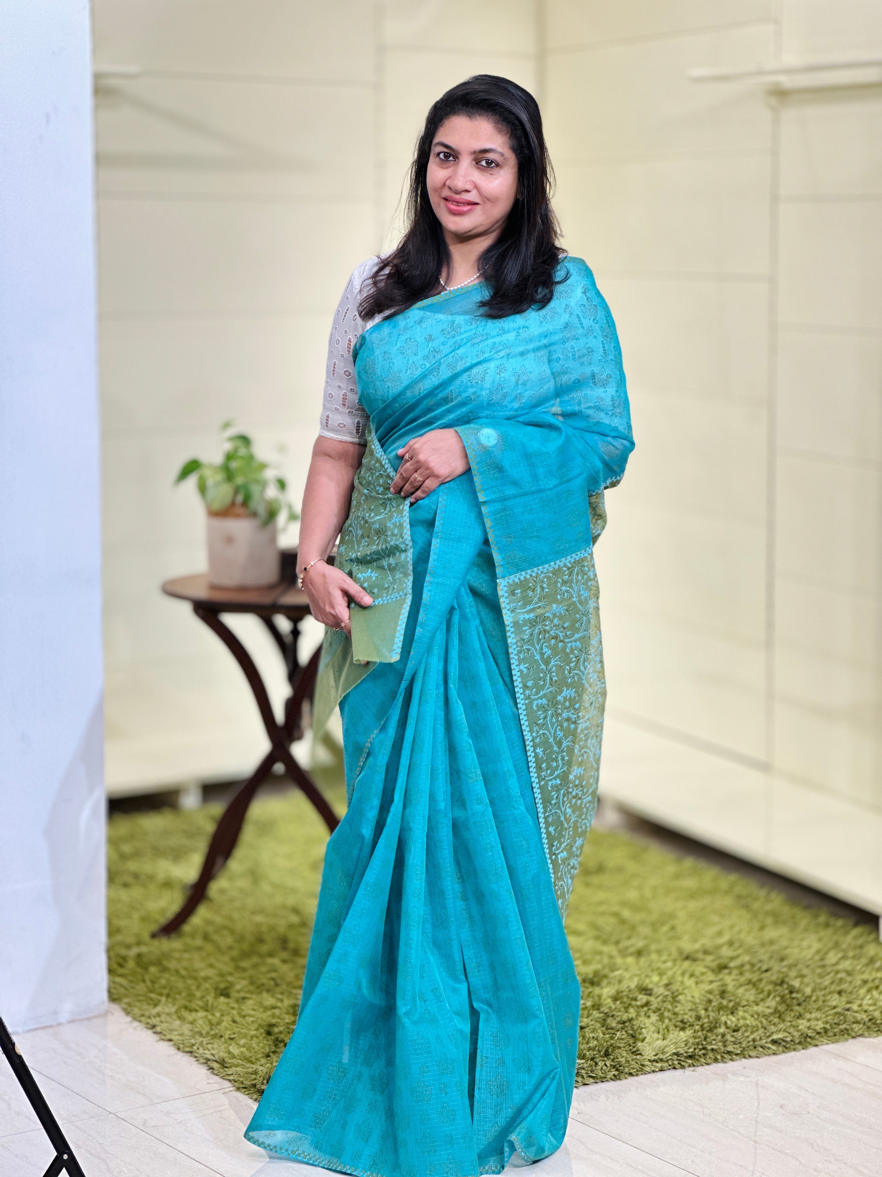 Hand Block Printed Muga Check Organza Saree | JSC237