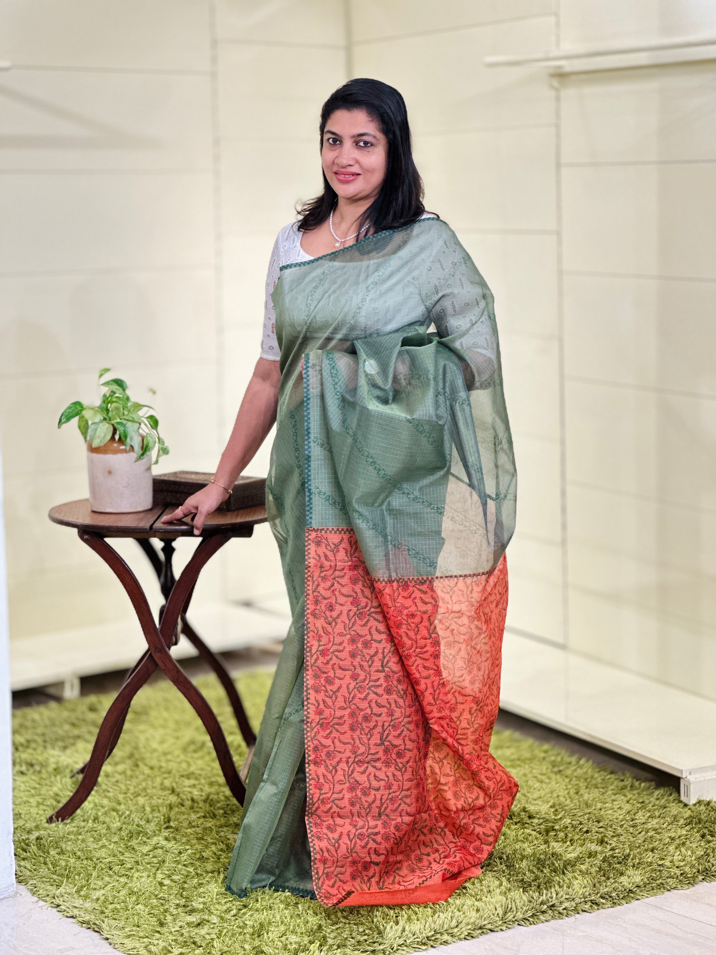 Hand Block Printed Muga Check Organza Saree | JSC234
