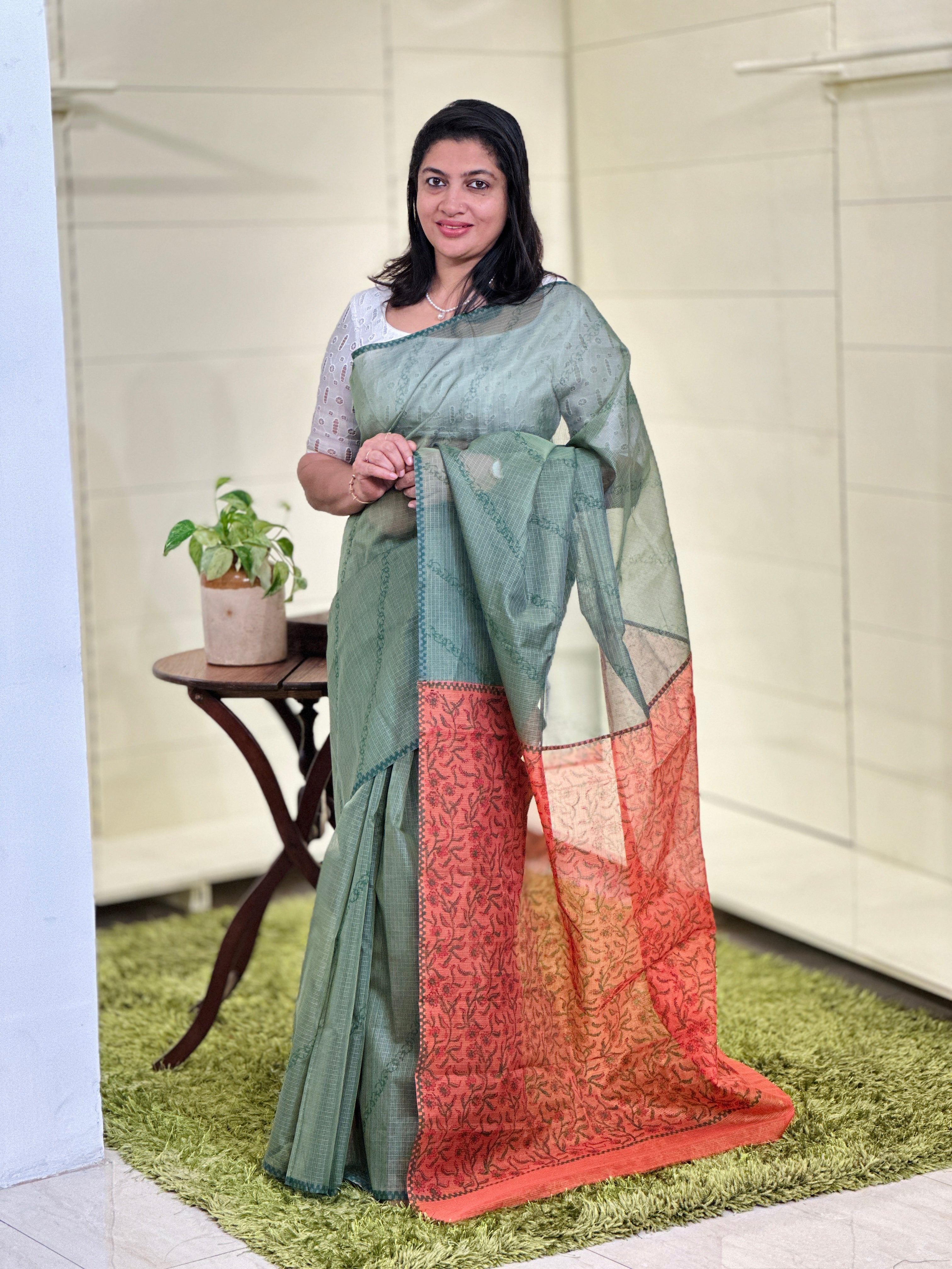 Hand Block Printed Muga Check Organza Saree | JSC234