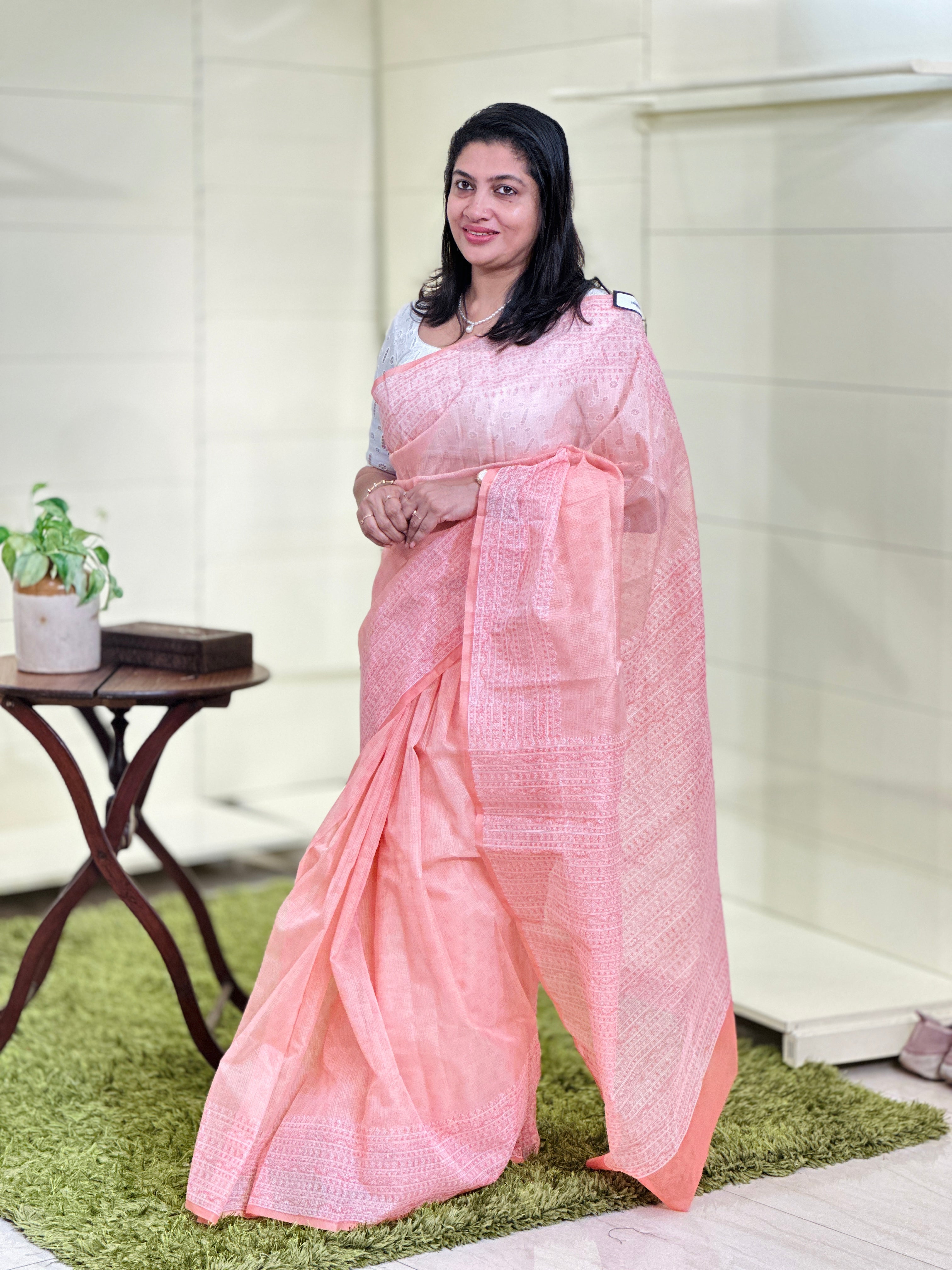 Hand Block Printed Muga Check Organza Saree | JSC123